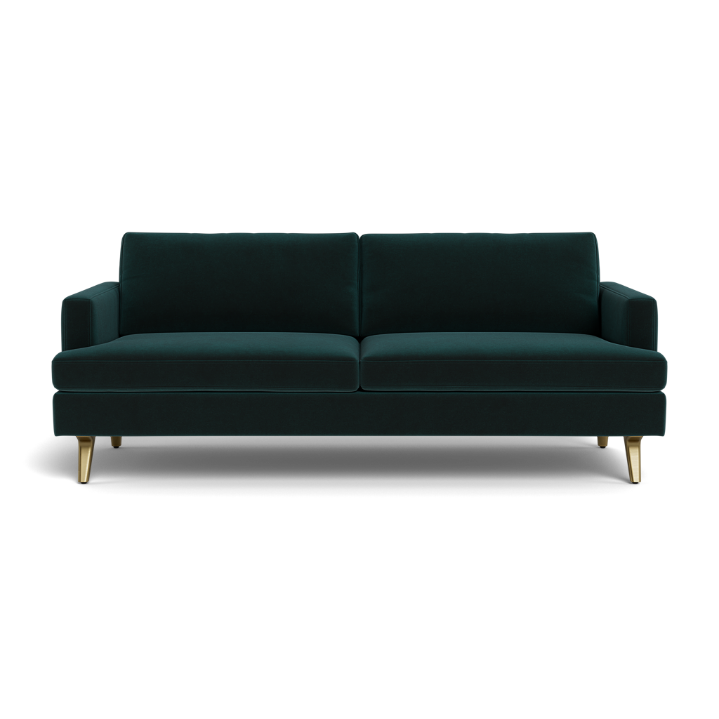 The Lido Sofa 75" features a modern dark green design with two seat cushions, two back cushions, and slim gold legs, shown from the front against a black background.