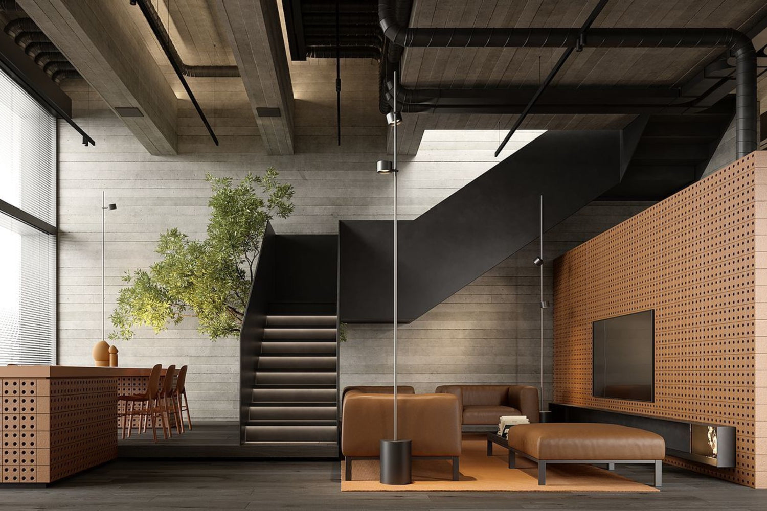 Modern industrial-style living space with a staircase. Features include concrete walls, wood paneling, a tree accent, leather couches, a flat-screen TV, and ceiling pipes. Dining area with wooden chairs and table is partially visible on the left.