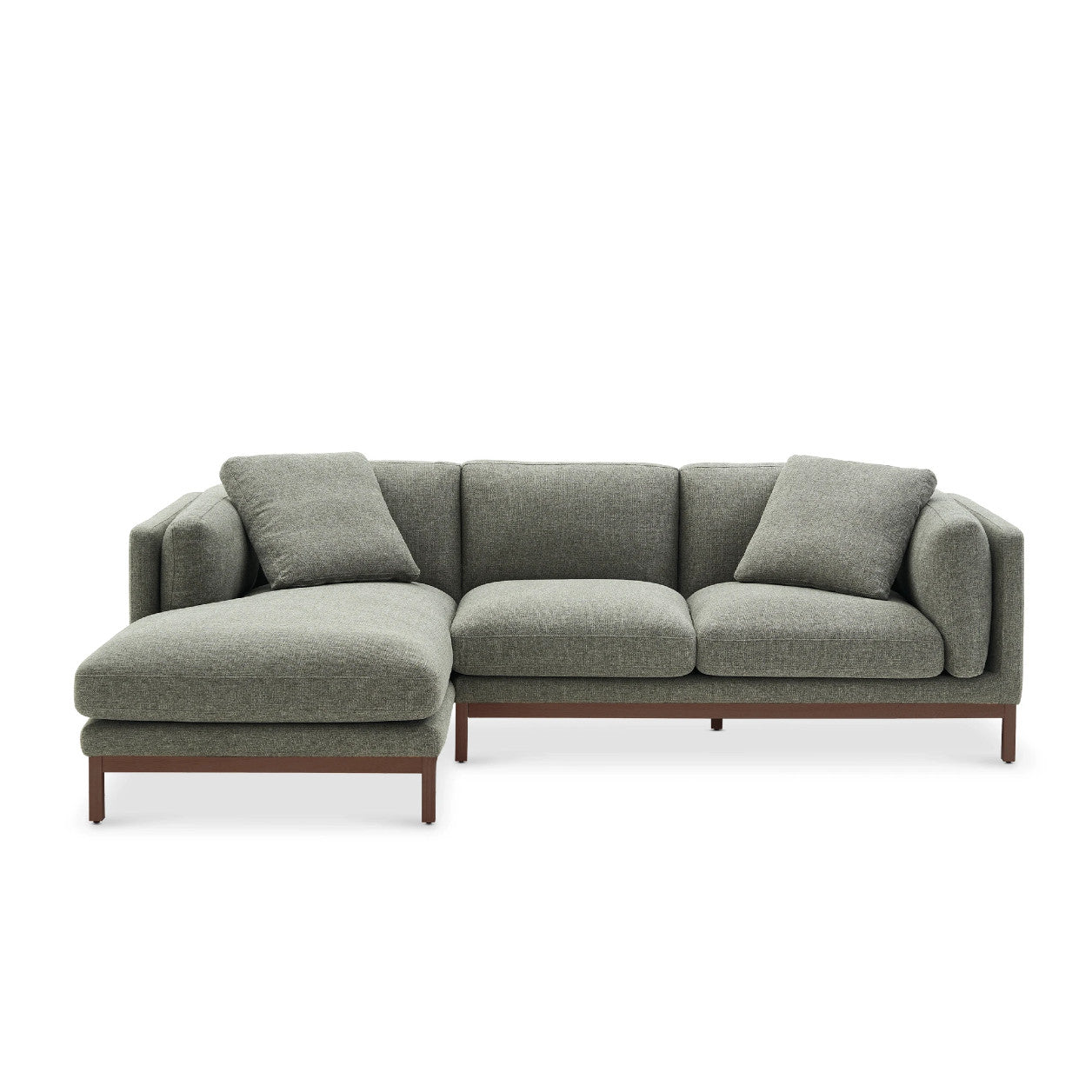 The Owen Chaise Sectional Sofa is a sleek, contemporary piece in green, featuring a chaise lounge on the left side. It includes three seat cushions and three back cushions, along with a minimalist wooden base.