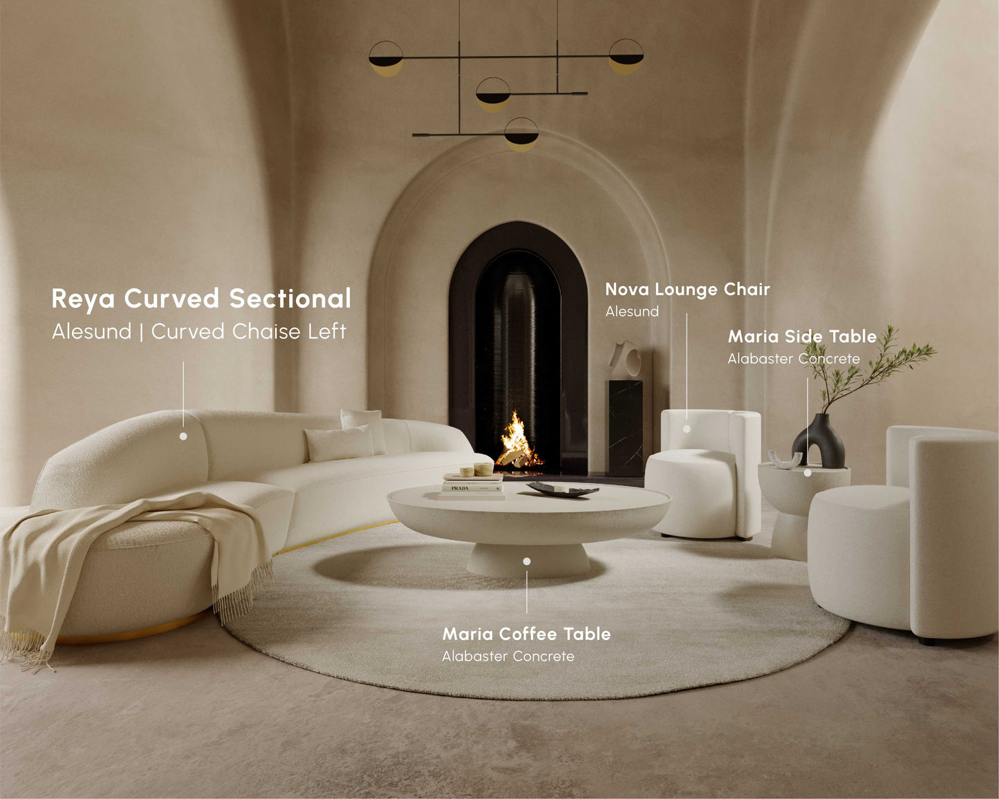 A modern living room showcases the Reya Curved Sectional alongside a lounge chair, side and coffee tables, all upholstered in soft, light-colored fabric. A central fireplace contributes warmth, while minimalist decor complements the tranquil ambiance.