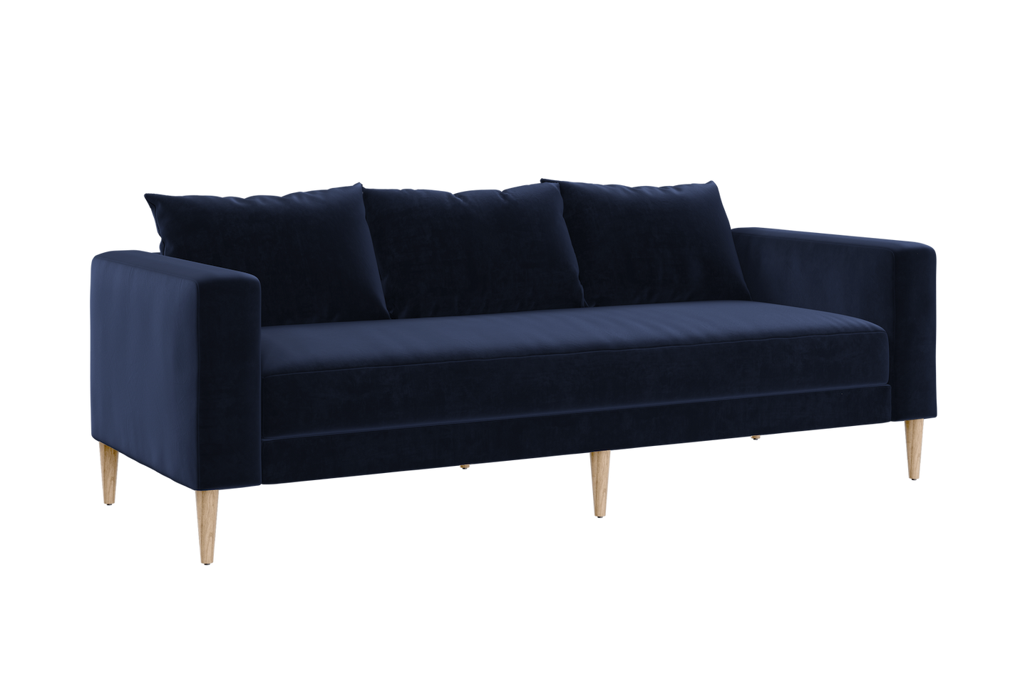 The Essential Sofa is a sleek, modern piece upholstered in dark blue velvet, supported by four light wooden legs. It includes three matching cushions and features straight armrests and a minimalist design, offering an elegant and contemporary appearance perfect for any living room or lounge area.