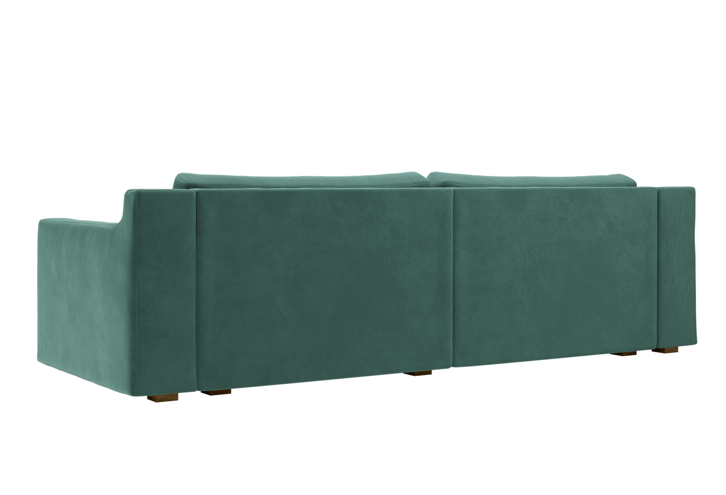 Introducing The Elevate Sofa: a contemporary piece featuring a modern rectangular design, teal upholstery, and two cushion backs. The sofa showcases clean, straight lines complemented by wooden legs, offering stylish sophistication from every angle.