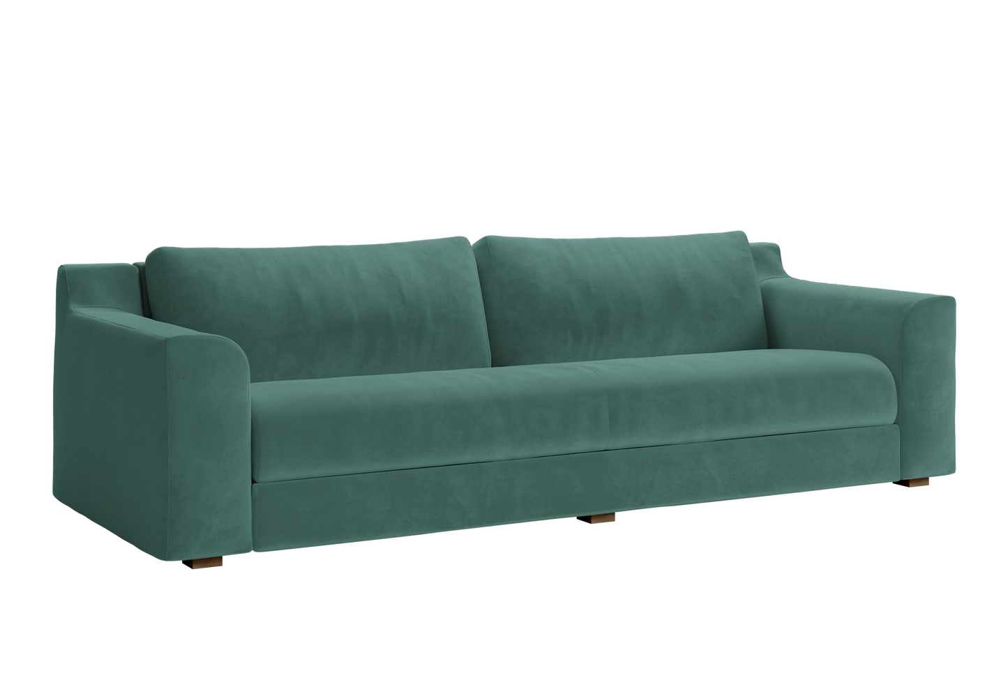 Introducing The Elevate Sofa: a modern teal velvet piece featuring plush cushions and wide armrests. Its sleek design and minimalist style are beautifully showcased against a transparent background.