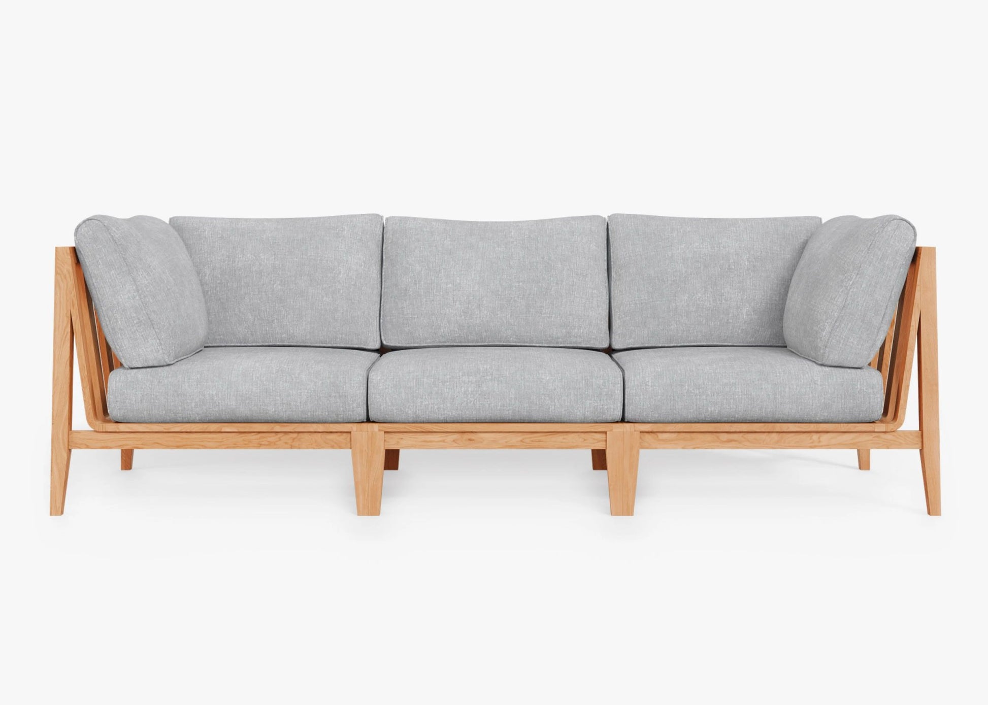 The Teak Outdoor Sofa - Three Seat boasts a modern wooden frame with light gray cushions. Its minimalist design includes a sturdy base and soft, plush seating, all set against a plain white background.