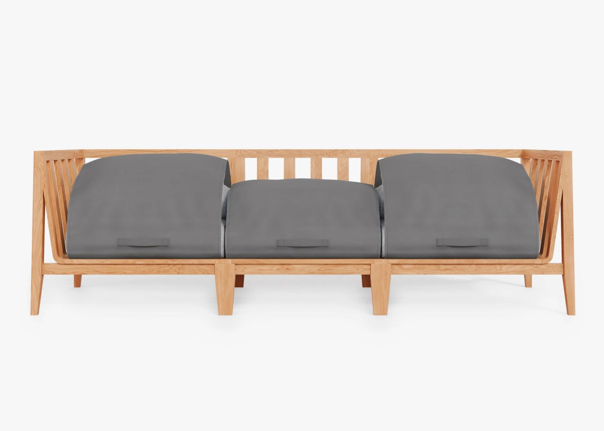 The Teak Outdoor Sofa - Three Seat features a modern wooden design with a slatted backrest and three individual gray cushioned seats, set against a plain white background.