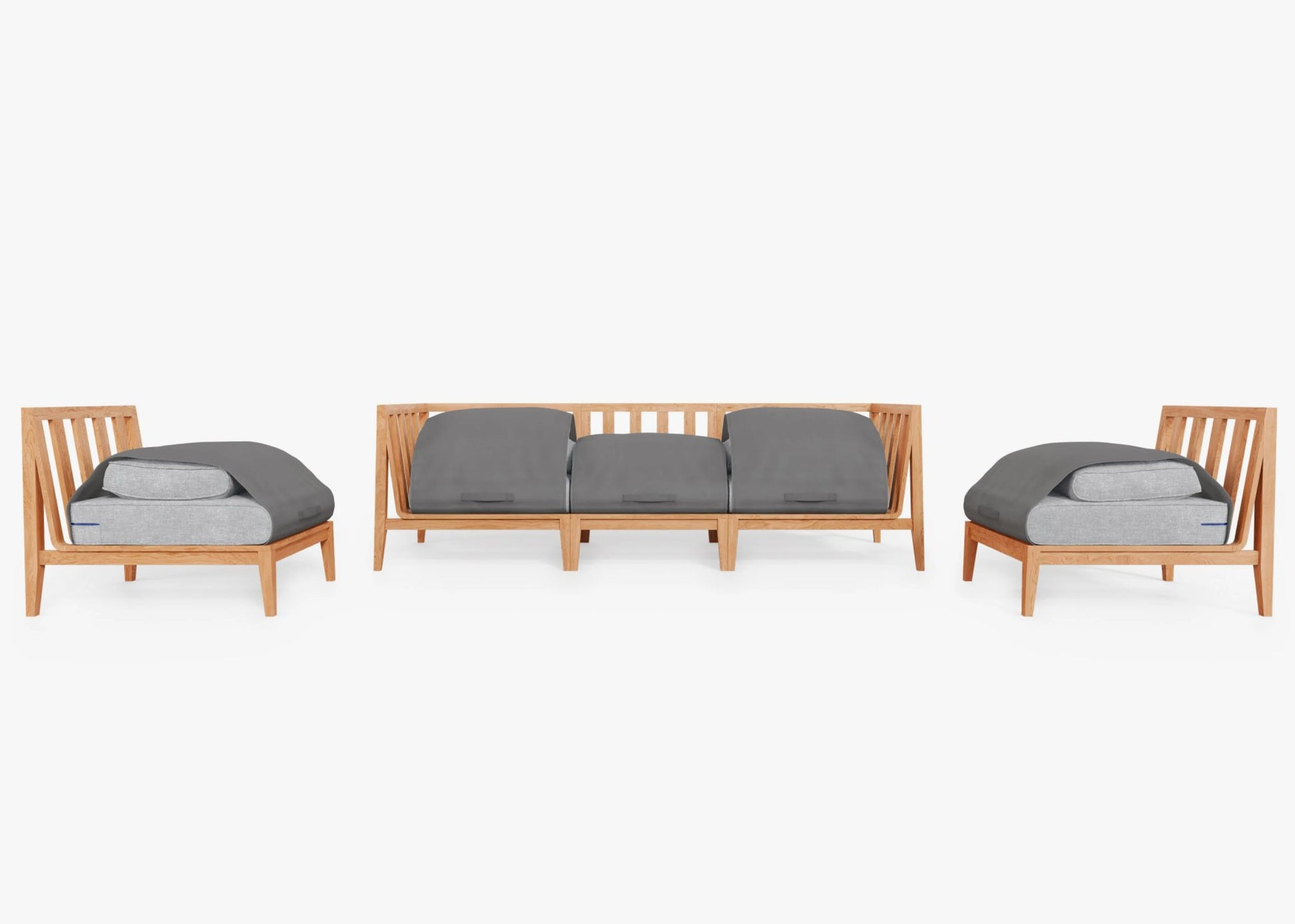 The Teak Outdoor Sofa with Armless Chairs - Five Seat includes a three-seater sofa and two single chairs. Each piece comes with gray cushions and slatted backs, all set against a plain white background.