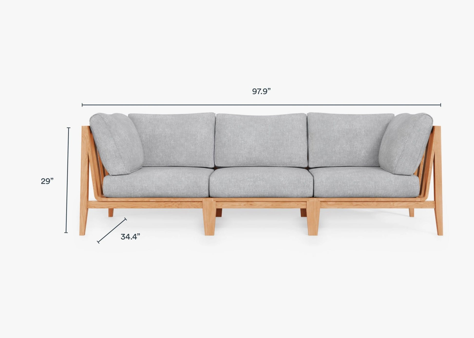 The Teak Outdoor Sofa - Three Seat features a grey modern design, complete with cushioned seats and a geometric wooden frame. Its dimensions are 97.9 inches in length, 34.4 inches in depth, and 29 inches in height.