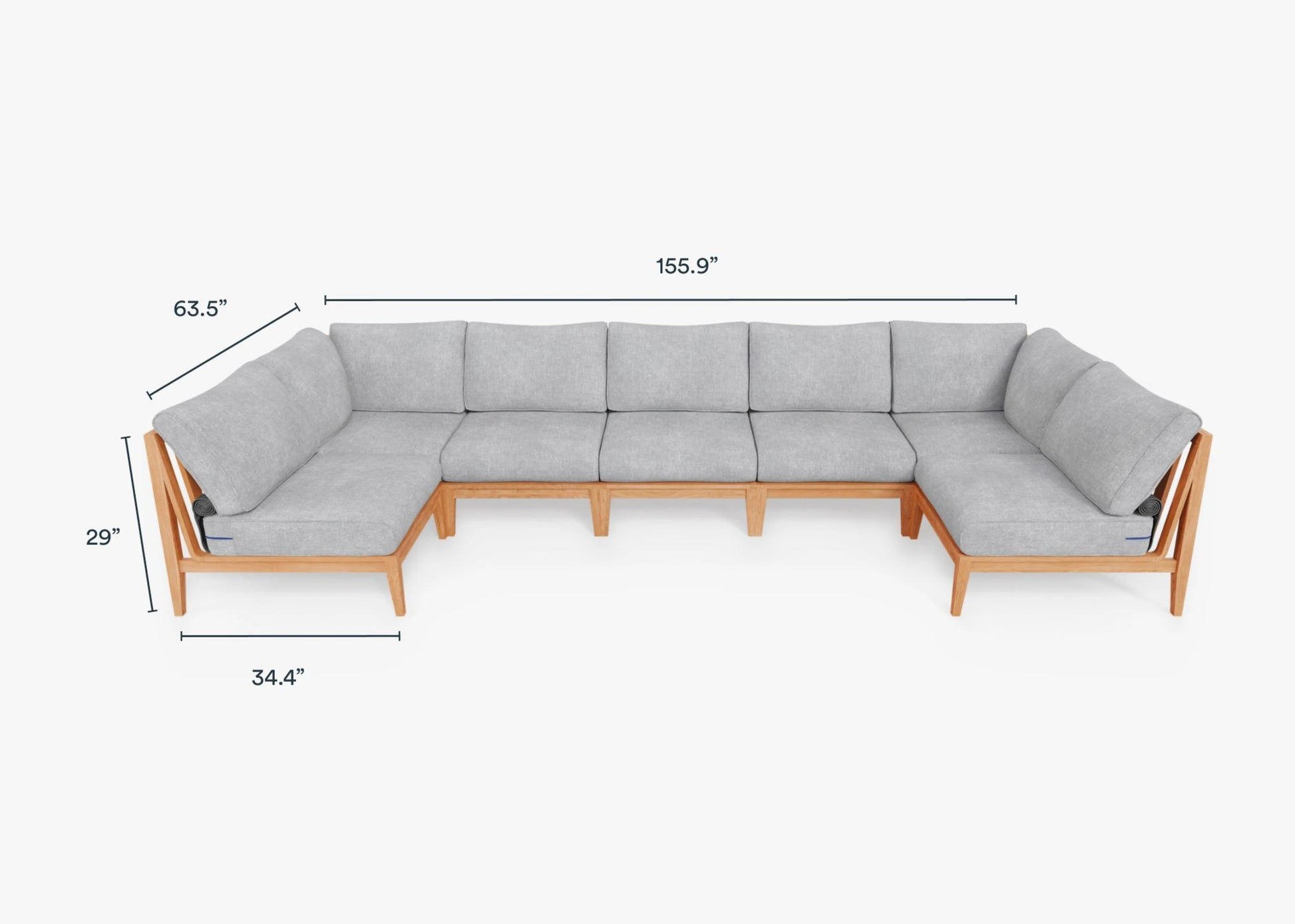 The Teak Outdoor U Sectional - Seven Seat is a spacious, L-shaped sectional sofa featuring gray cushions and a wooden frame. Its dimensions include one side measuring 155.9 inches long, 29 inches high, and 34.4 inches deep, while the other side is 63.5 inches long.