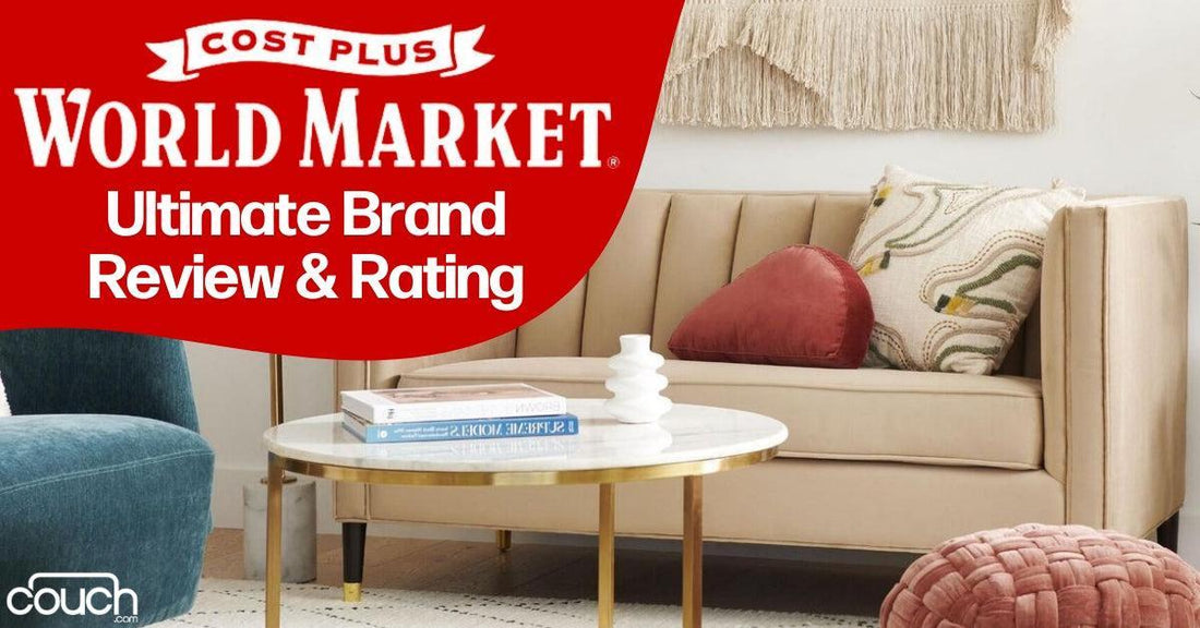 A living room scene with a beige couch, patterned pillows, and a round glass coffee table with books and a vase. The image has a red header with the text "Cost Plus World Market: Ultimate Brand Review & Rating.