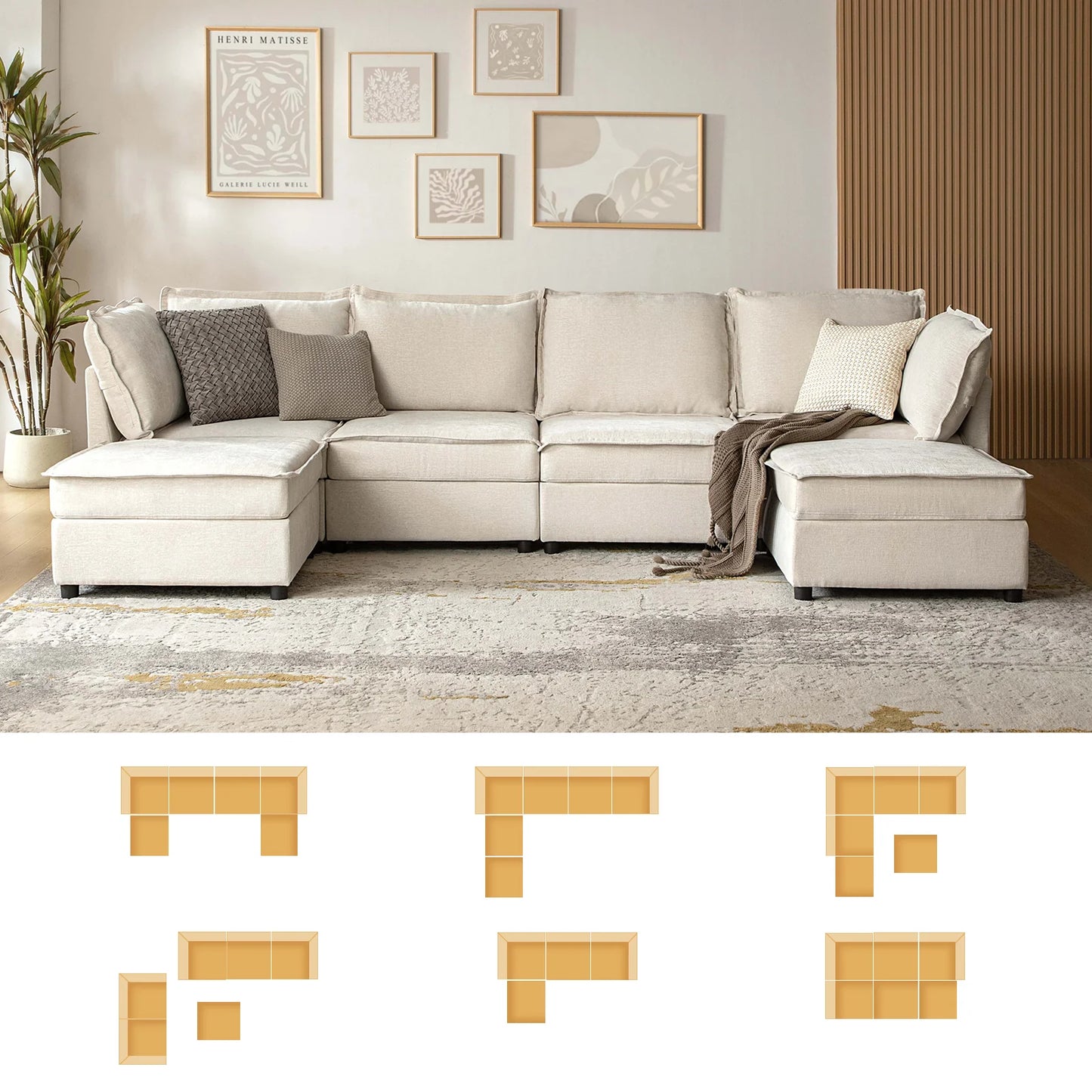 The Victoria Oversized 8-Seater Soft Sectional Sofa with Storage in beige is displayed below, showcasing its various configuration options. It is set against a wall adorned with framed art, accompanied by a tall plant on the side. A textured rug covers the floor beneath it.