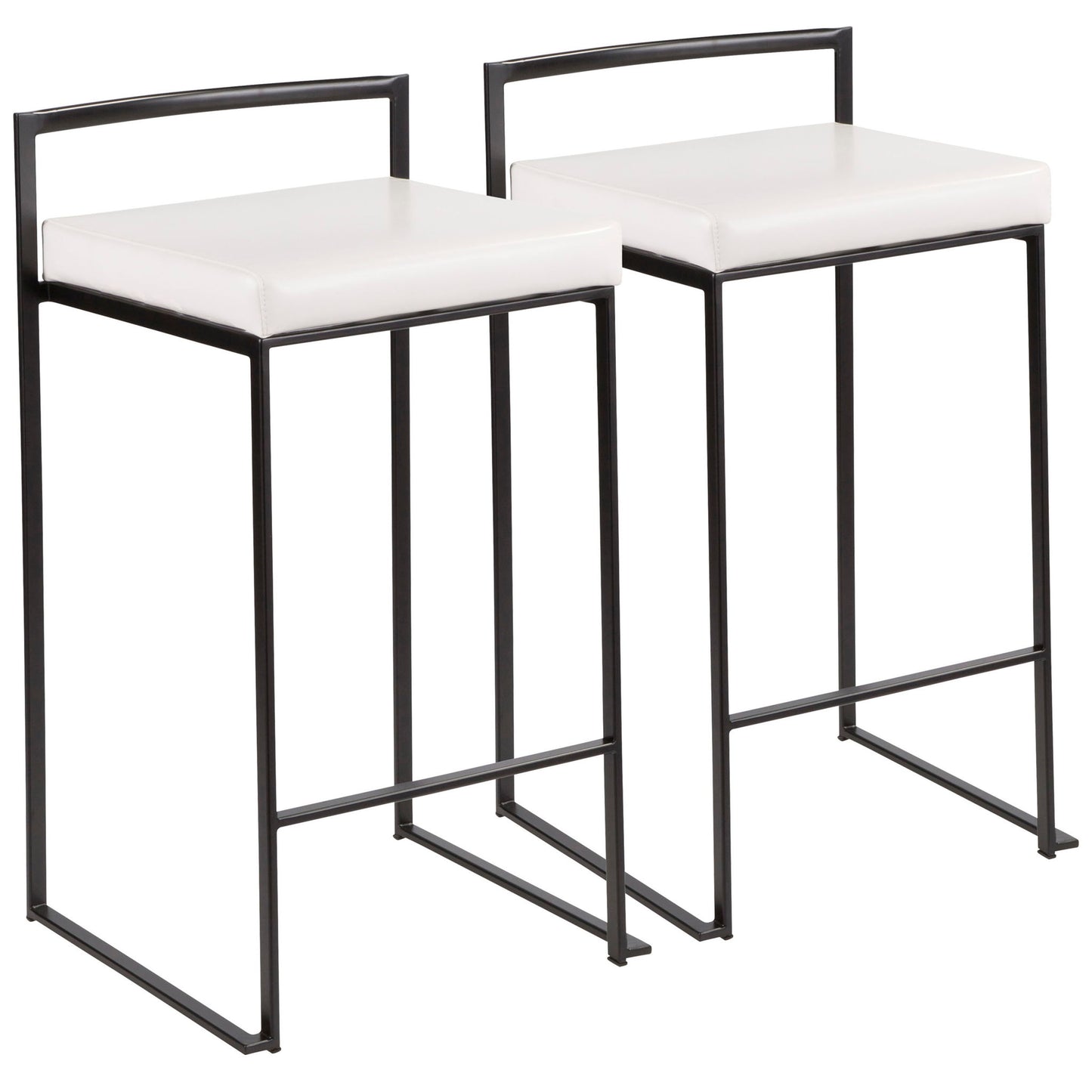 Two Fuji Contemporary Style Stackable Counter Stools with black metal frames and square white cushioned seats, minimalist backrests, and footrests are arranged side by side on a white background.
