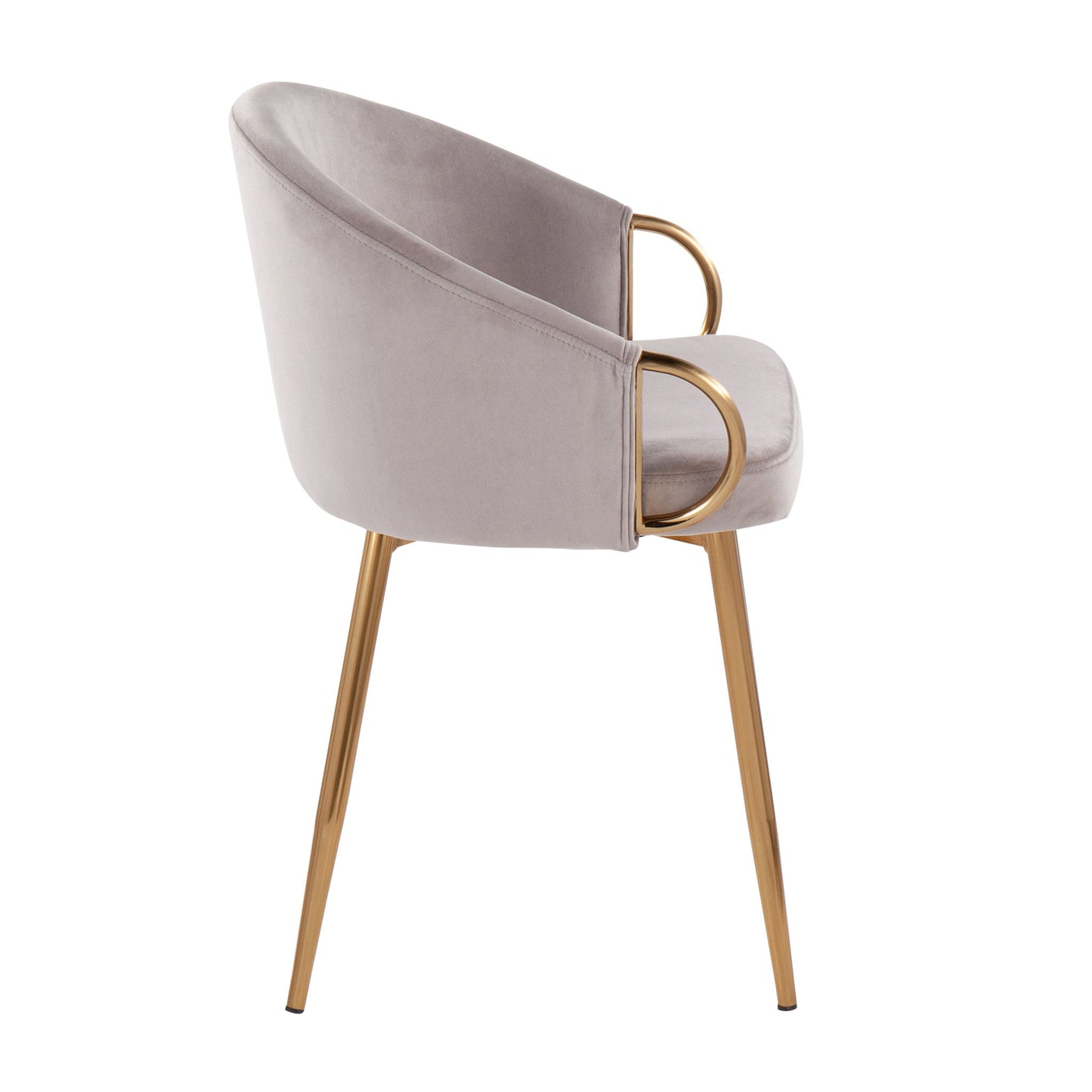 The Claire - Contemporary Glam Chair features a light gray upholstered seat, curved backrest, and slim angled gold metal legs with matching circular gold armrests for a modern look.