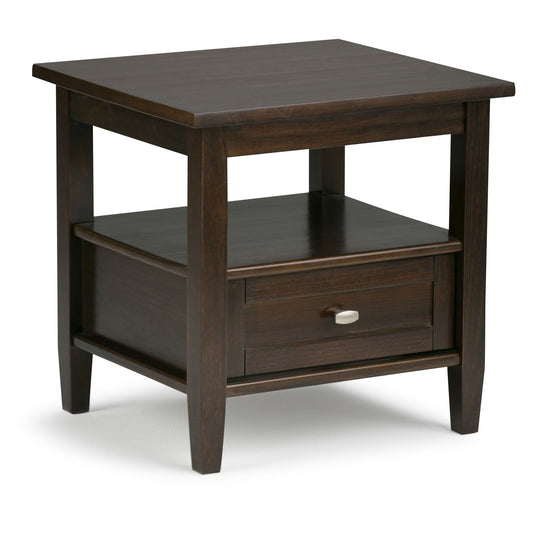 The Warm Shaker End Table in Tobacco Brown features a square top, open shelf, lower drawer with a silver handle, four straight legs, and boasts a simple modern design.