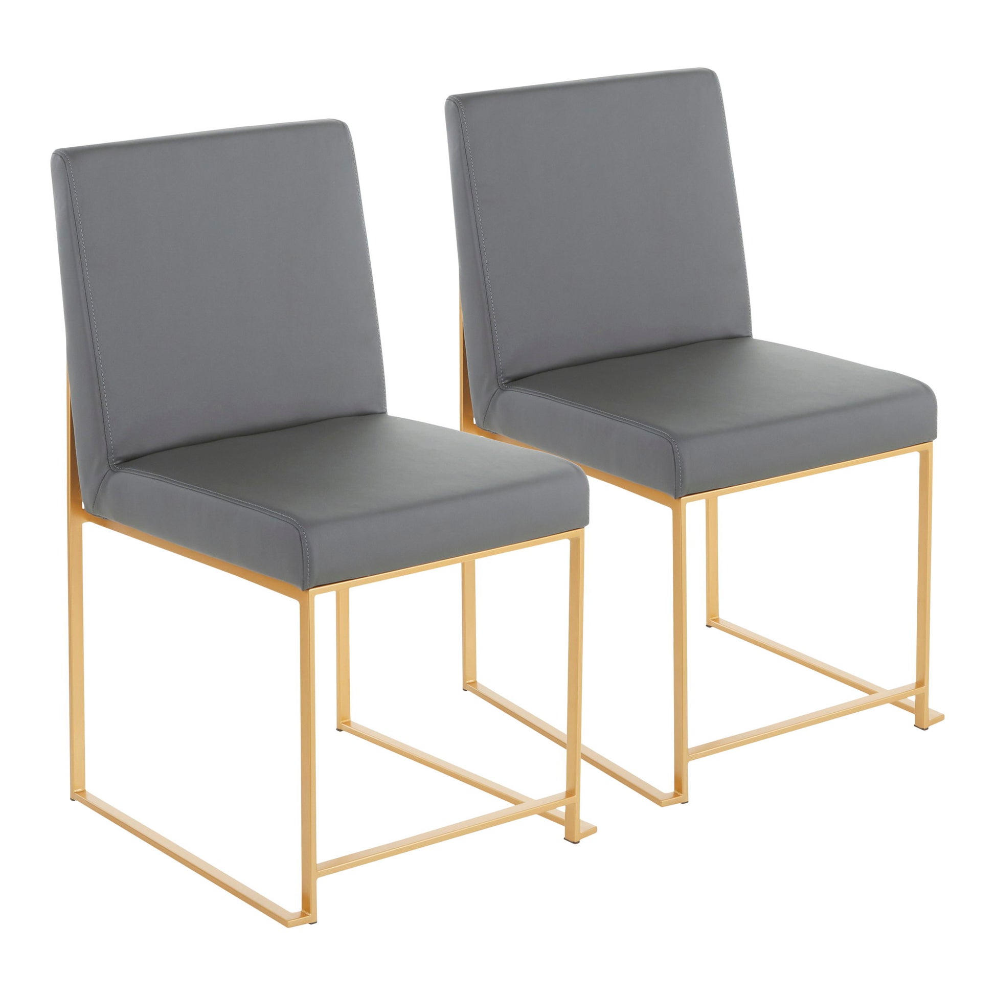 The Fuji set includes two contemporary high-back dining chairs with gray cushioned seats and backs, featuring sleek gold frames and open rectangular legs, shown side by side against a white background.