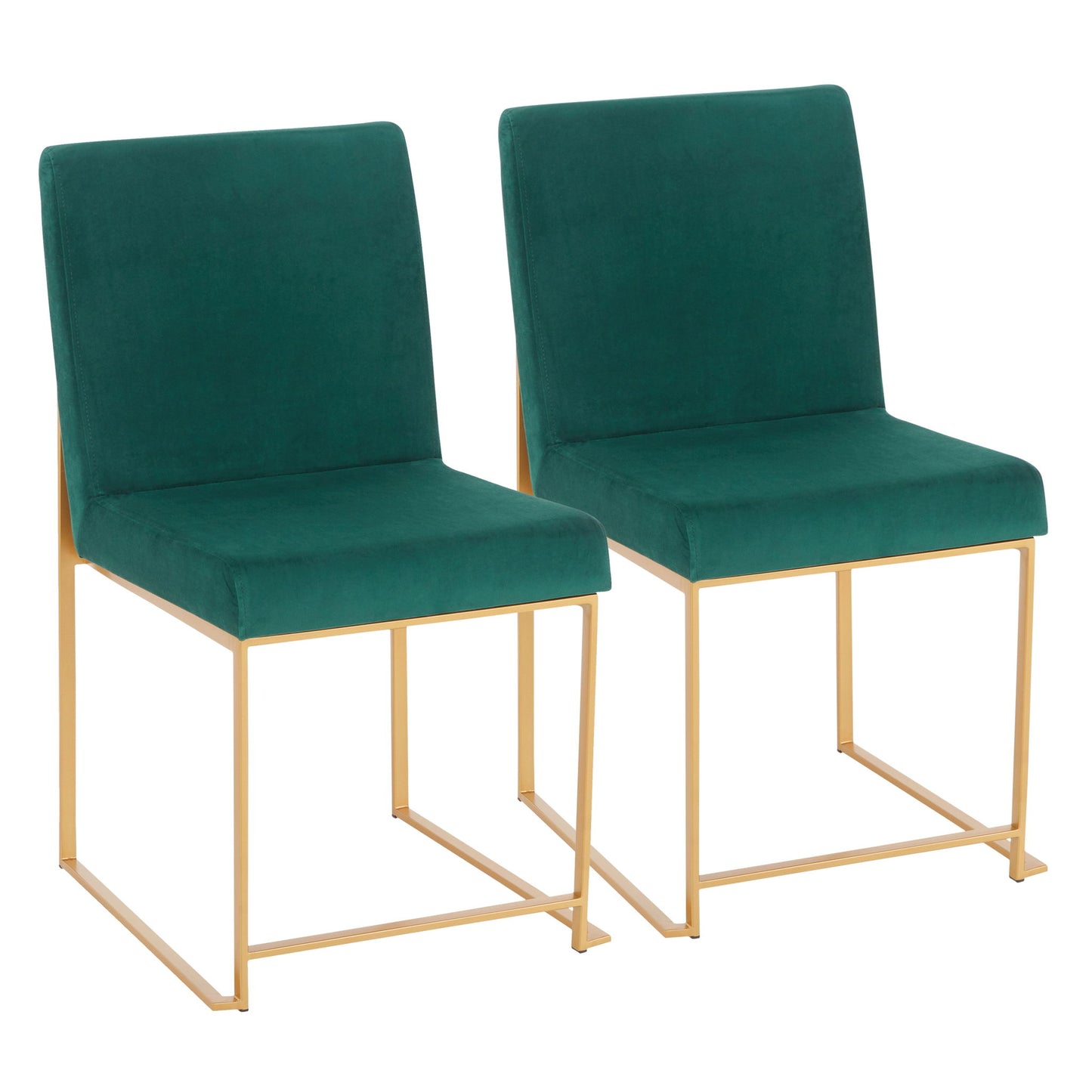 The Fuji Contemporary High Back Dining Chair set includes two stylish chairs with green upholstered seats and backs, minimalist gold metal frames and legs, shown side by side on a white background.