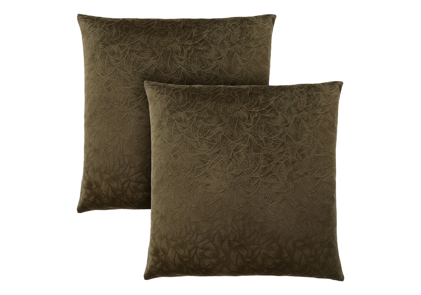 Two hypoallergenic square decorative throw pillows with inserts, in olive green featuring a subtle textured leaf pattern, are displayed against a white background. Modern design.