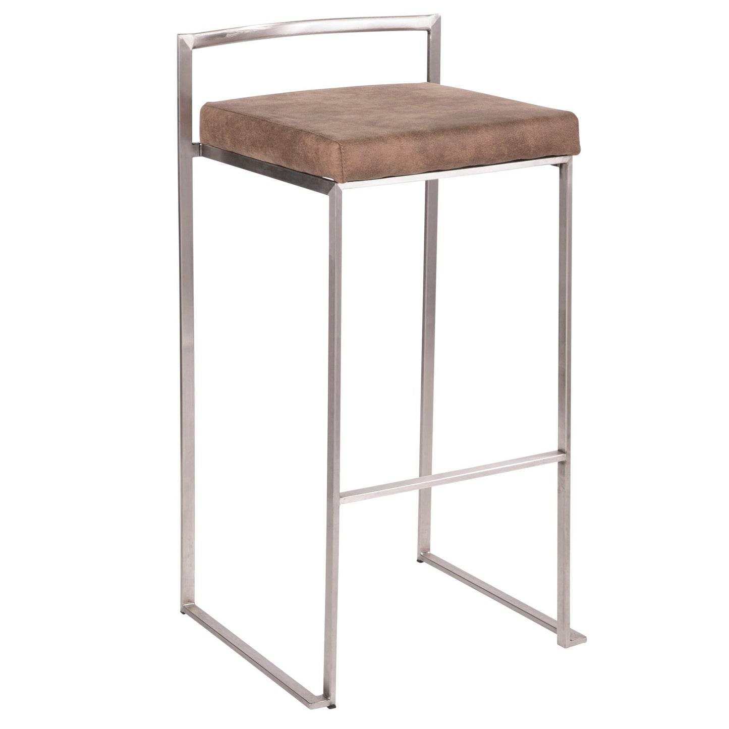 The Fuji Stackable Barstool features a contemporary, elegant design with a minimalist metal frame, square legs, backrest, and a cushioned brown seat.