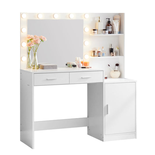 The Vanity Desk With Mirror And Lights features a 46.4in dressing table, 2 large drawers, a spacious vertical organizer, and adjustable 3-level lighting—perfect for bedroom use and neatly displaying cosmetics and décor.