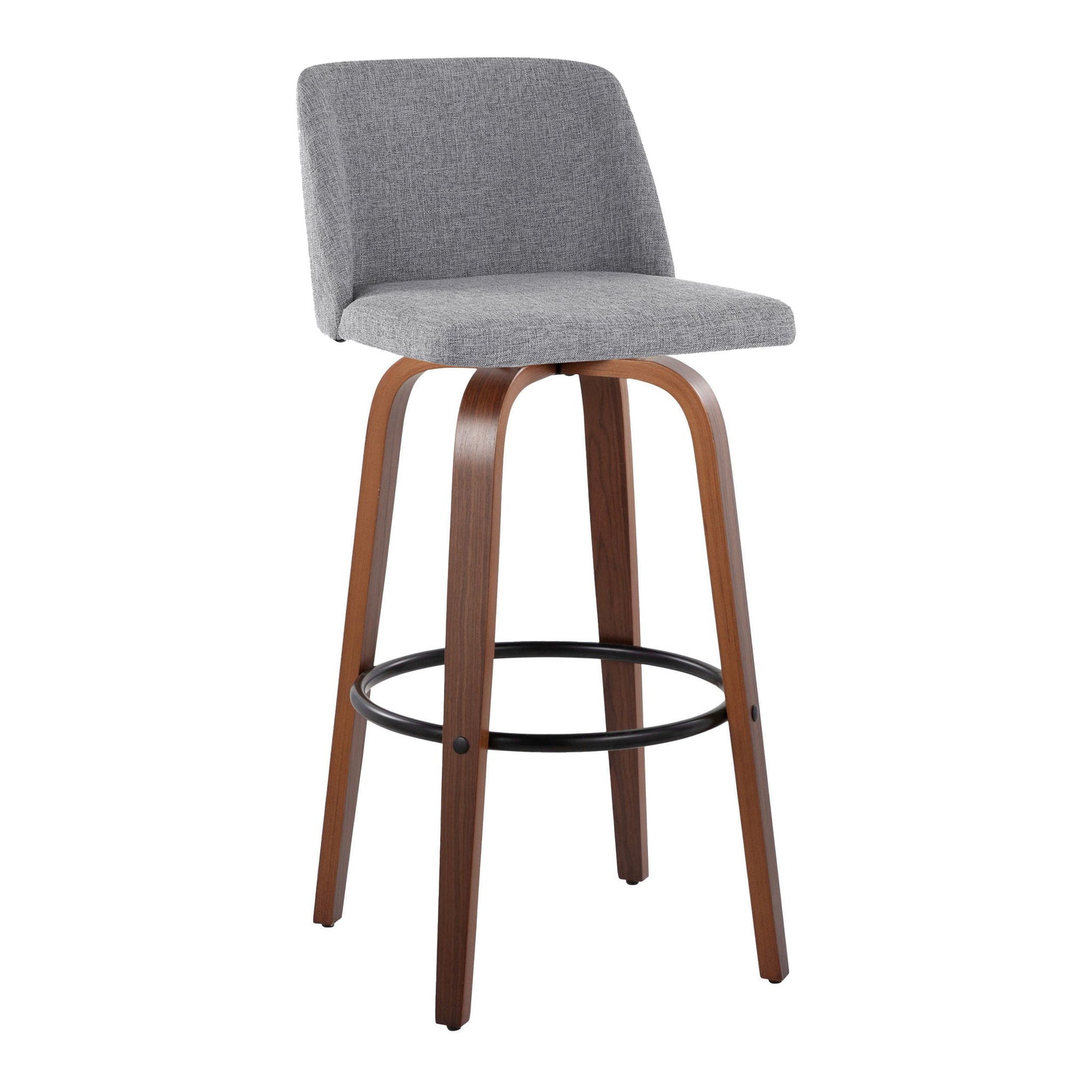 The Toriano Mid Century Modern Barstool set features gray cushioned seats and backs, curved wooden legs, and a round black metal footrest.