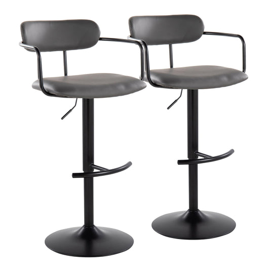 Set of 2 Demi contemporary adjustable height barstools with swivel, rounded T footrest, black padded seats, curved backrests, and metal arms on round pedestal bases, shown side by side against a white background.