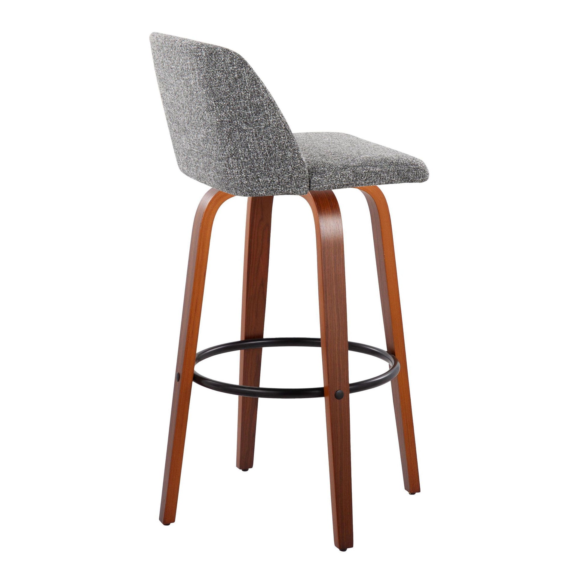 The Toriano Mid Century Modern Fixed Height Barstool features a gray upholstered seat and backrest, curved wooden legs, and a black round metal footrest. Set of 2.