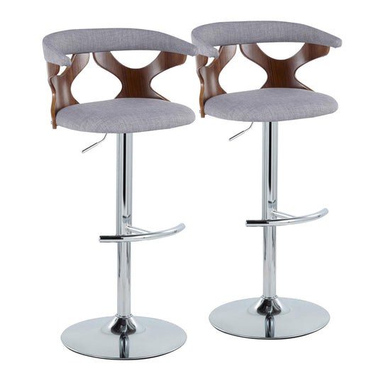 The Gardenia Set of 2 features mid-century modern adjustable barstools with gray upholstered seats, curved wooden backrests with cut-outs, swivel function, and shiny chrome bases with rounded T footrests.