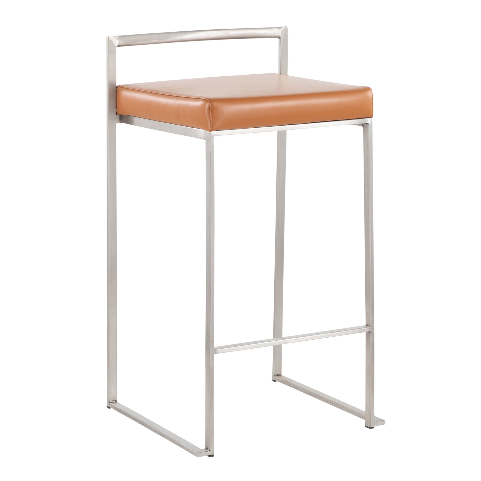 The Fuji - Contemporary Elegant Stackable Counter Stool Set features a metal frame, low rectangular backrest, tan leather cushion seat, slim angular legs, and a supportive footrest bar.