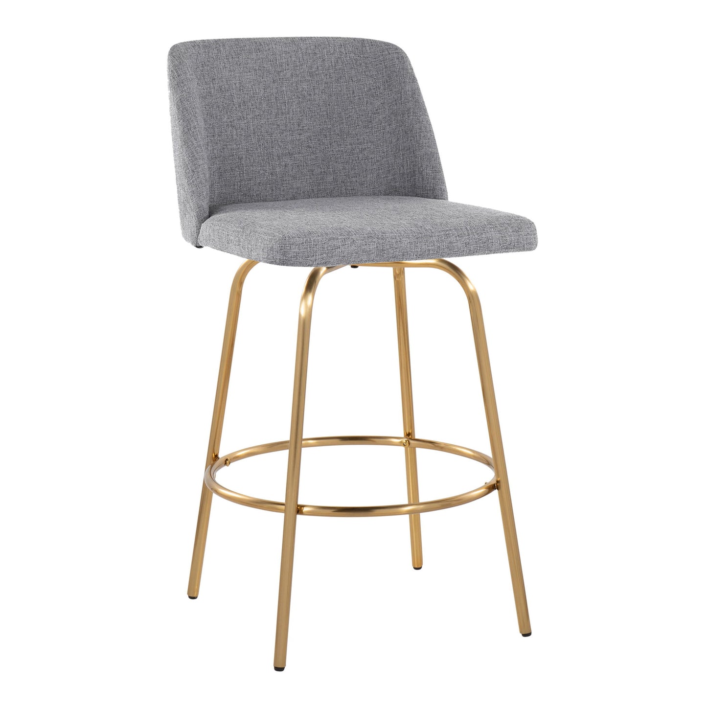 The Toriano Contemporary Fixed Height Counter Stool (Set of 2) features a gray upholstered seat and backrest, gold metal legs, a swivel function, and a round footrest.