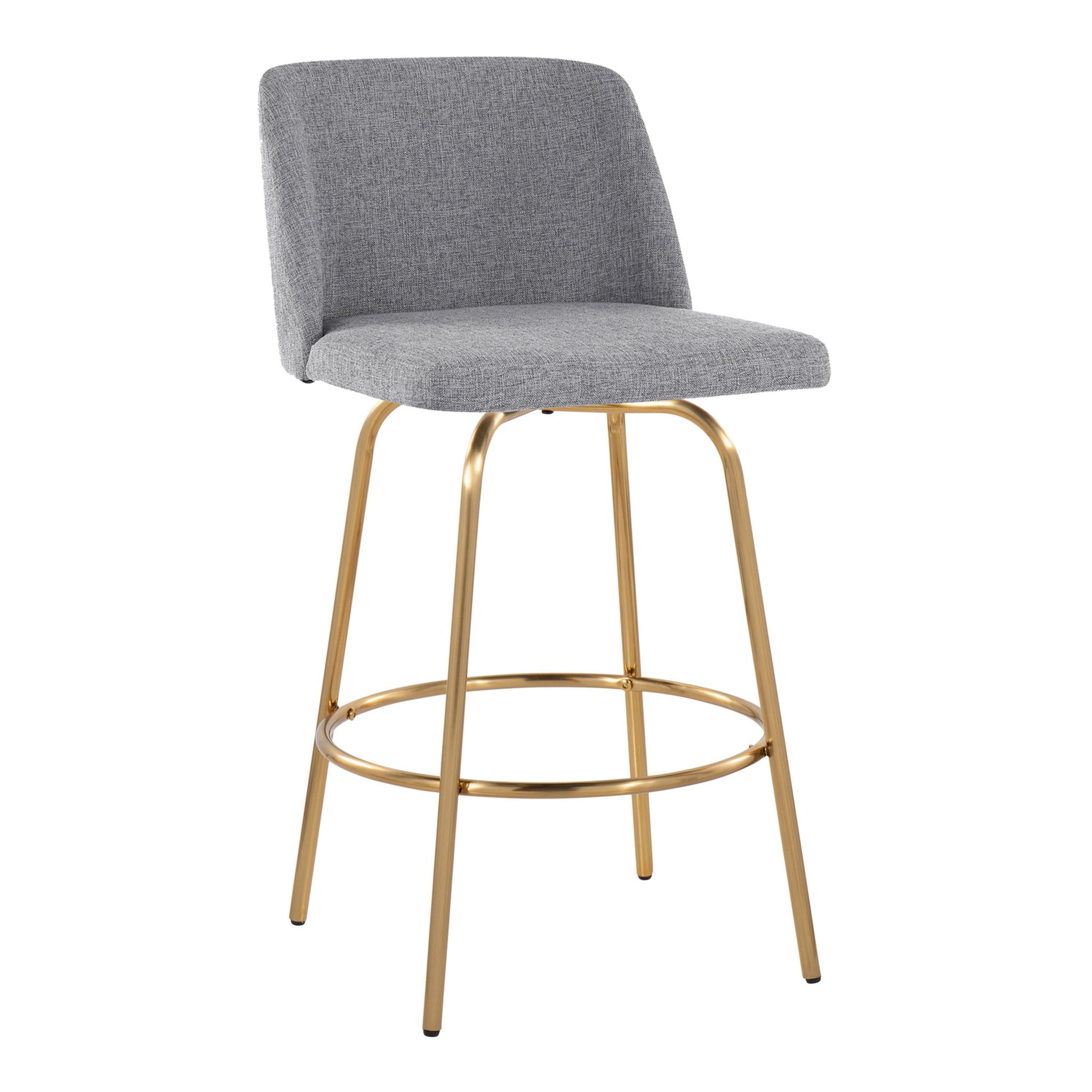 The Toriano Contemporary Fixed Height Counter Stool (Set of 2) features a gray upholstered seat and backrest, gold metal legs, a swivel function, and a round footrest.