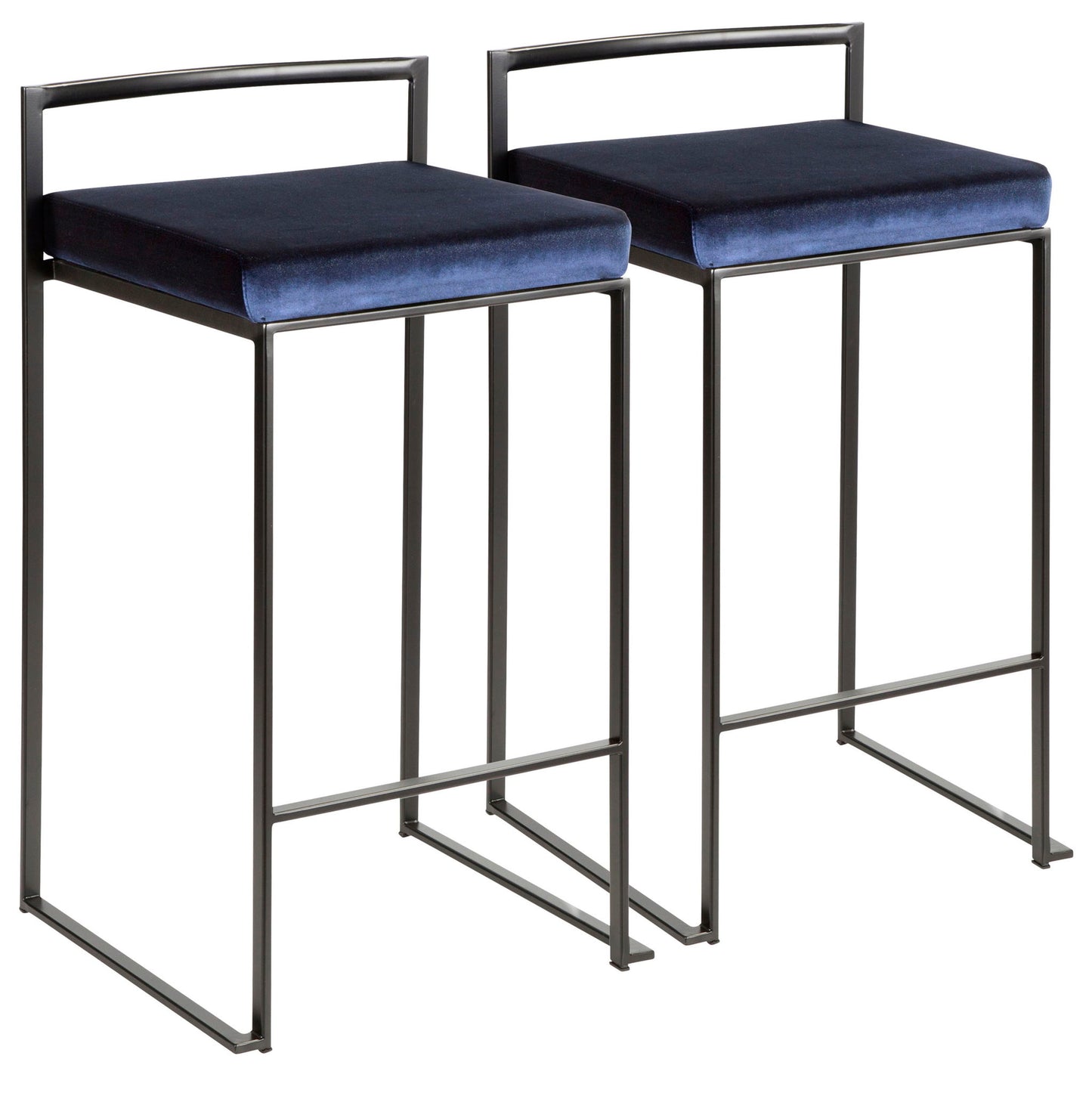 The Fuji stackable counter stools feature thin black metal frames, minimalist backrests, and square navy blue cushioned seats. Each has a rectangular base with a footrest for a sleek, contemporary look.