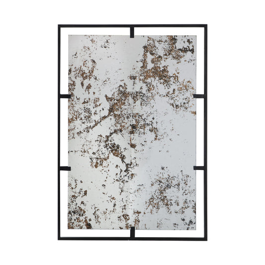 The Rectangle Antiqued Wall Mirror features a distressed finish with brown and gray patches, divided by four lines and framed in a thin black metal border—perfect decor for your bedroom, living room, or entryway.