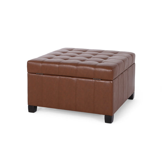The Storage Ottoman For Living Room is a square, brown tufted leather ottoman with short black legs and a hinged top, ideal for storage or seating.