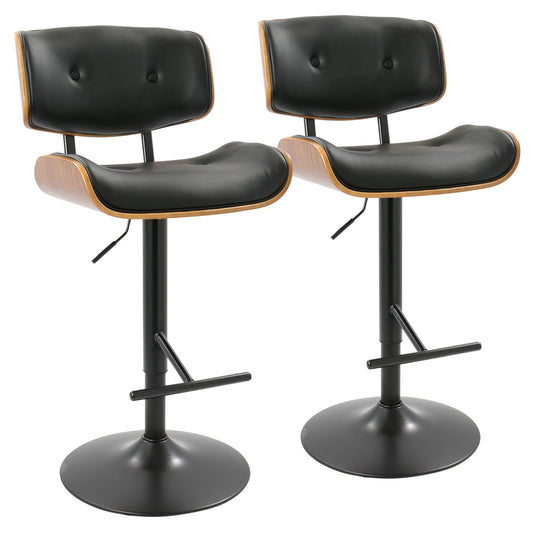 The Lombardi Mid Century Modern Adjustable Barstool features black cushioned seats and backs, wood edge accents, metal pedestal bases with footrests, and adjustable height levers—sold as a set of two.