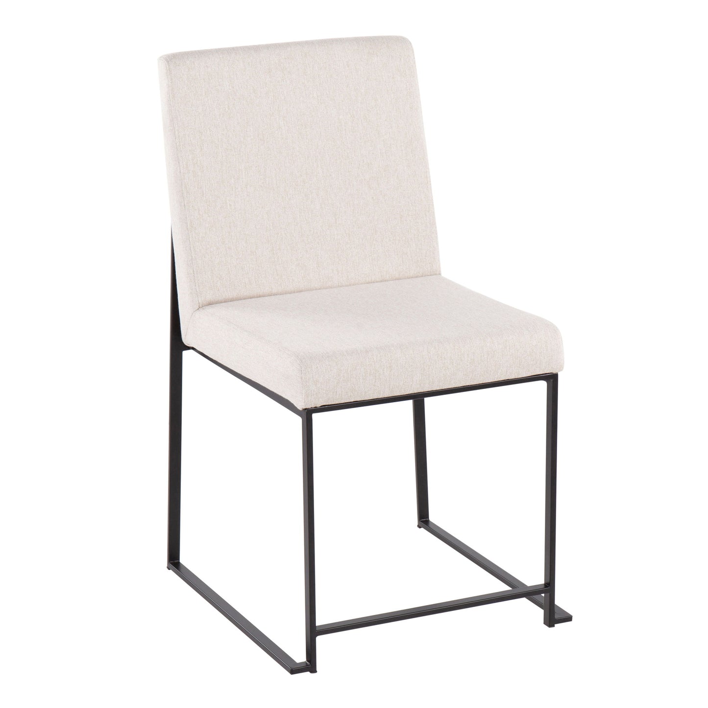 The Fuji High Back Dining Chair (Set of 2) offers contemporary elegance with a light beige upholstered seat and backrest, complemented by a minimalist black metal frame and sleek sled-style legs.