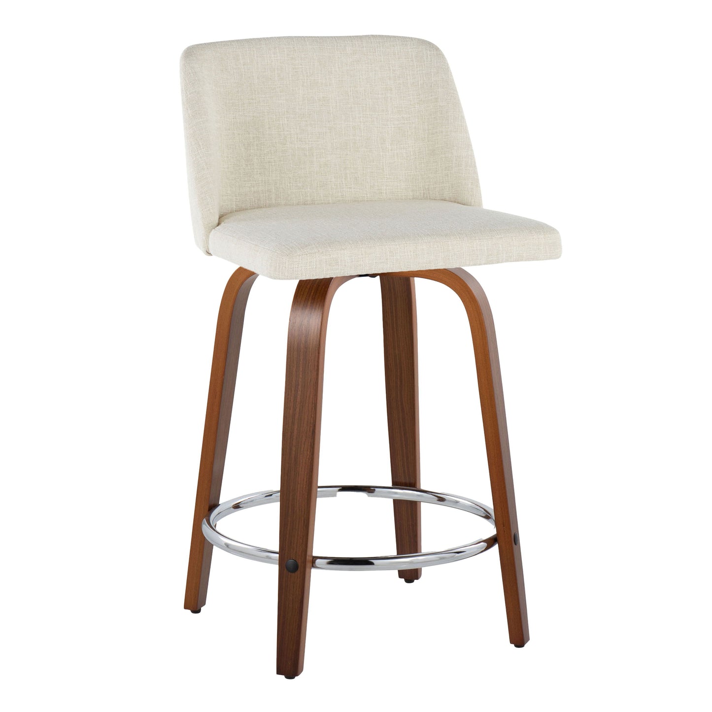 The Toriano stool set features modern mid-century style with beige upholstered seats and backrests, curved wooden legs, and round chrome footrests for a blend of style and functionality.