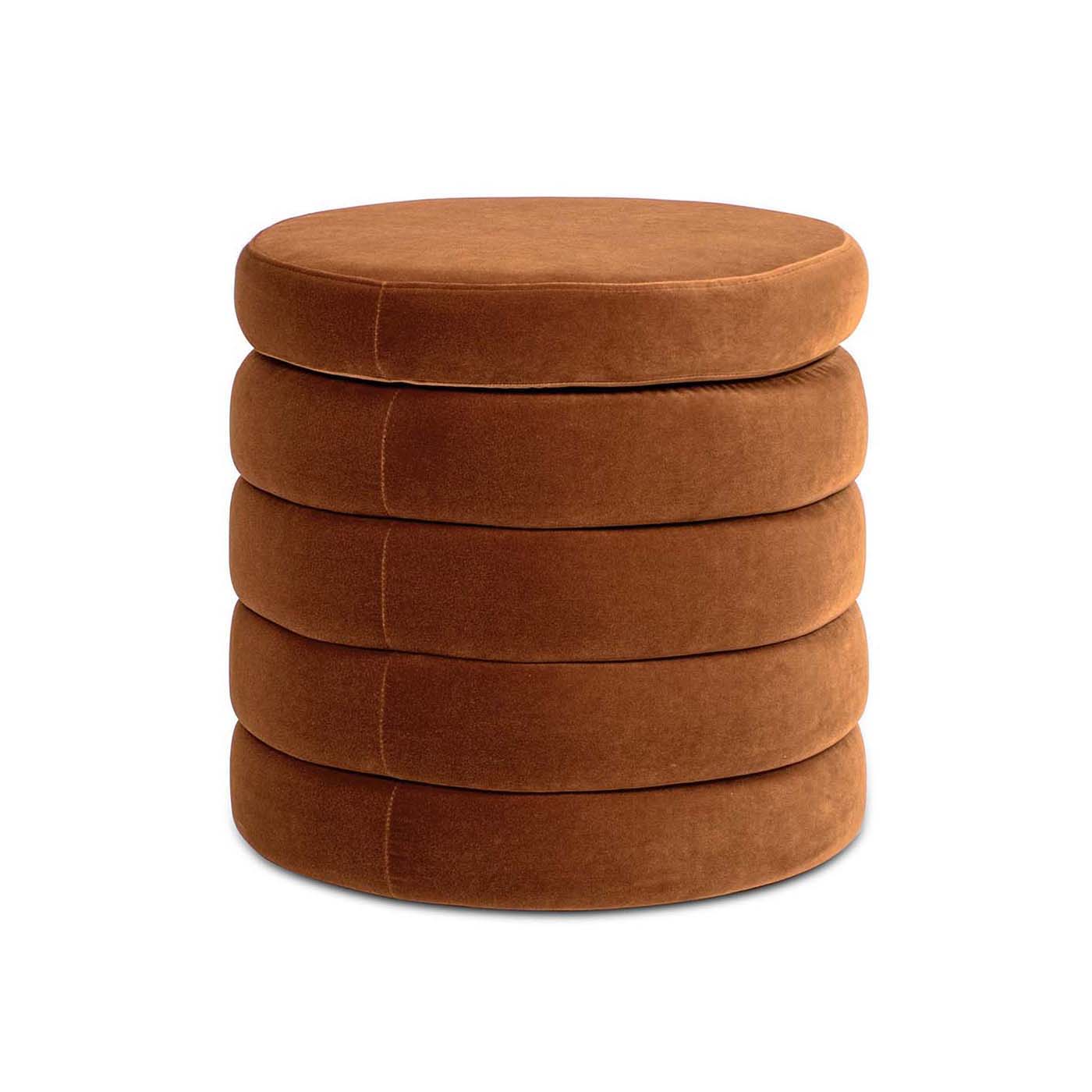 The Fuji - Oversized Round Storage Ottoman features a stacked, cushion-like design with four thick horizontal layers and is upholstered in soft brown fabric.