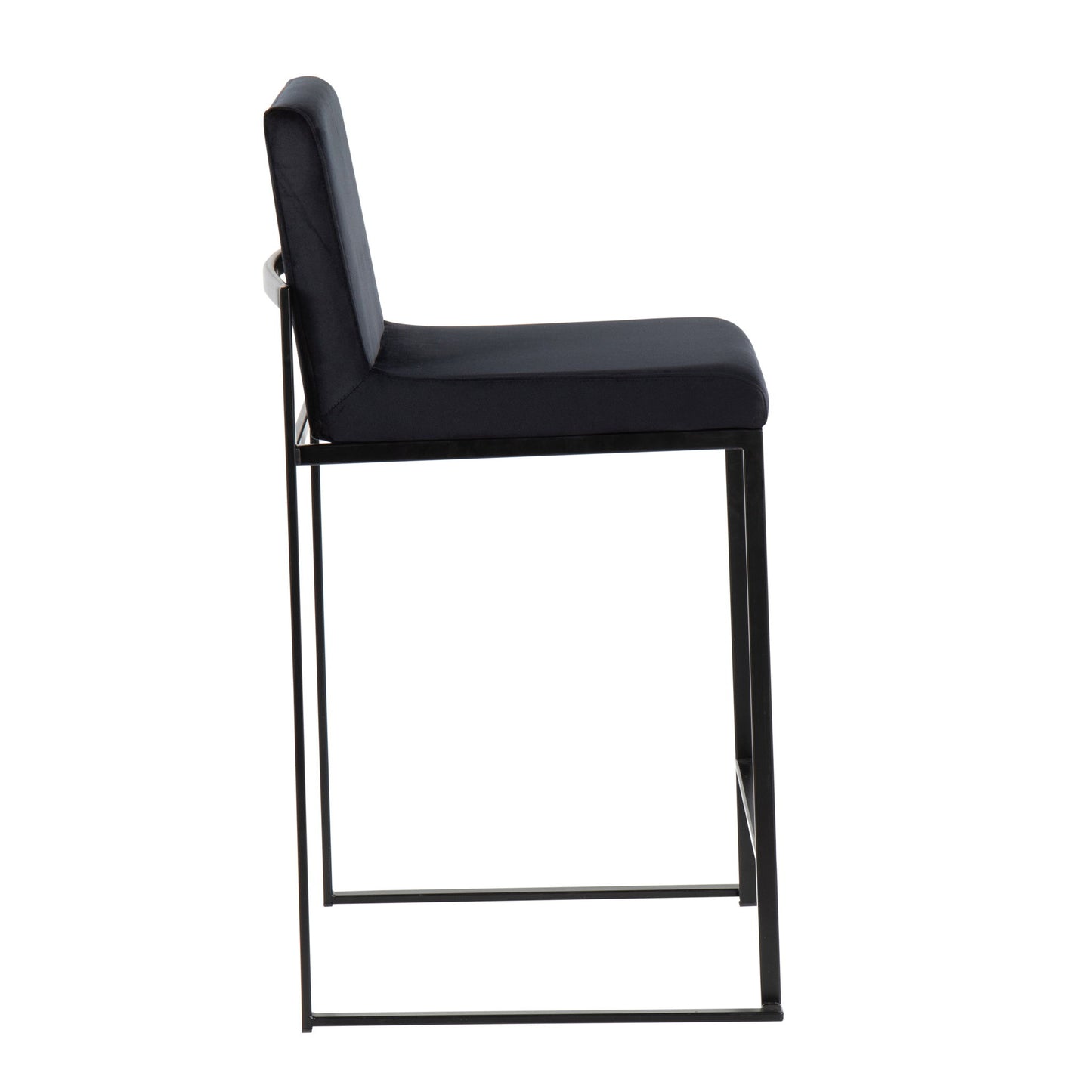 Side view of the Fuji High Back Counter Stool, featuring a modern black cushioned seat and backrest on a slim metal frame with a minimalistic design.