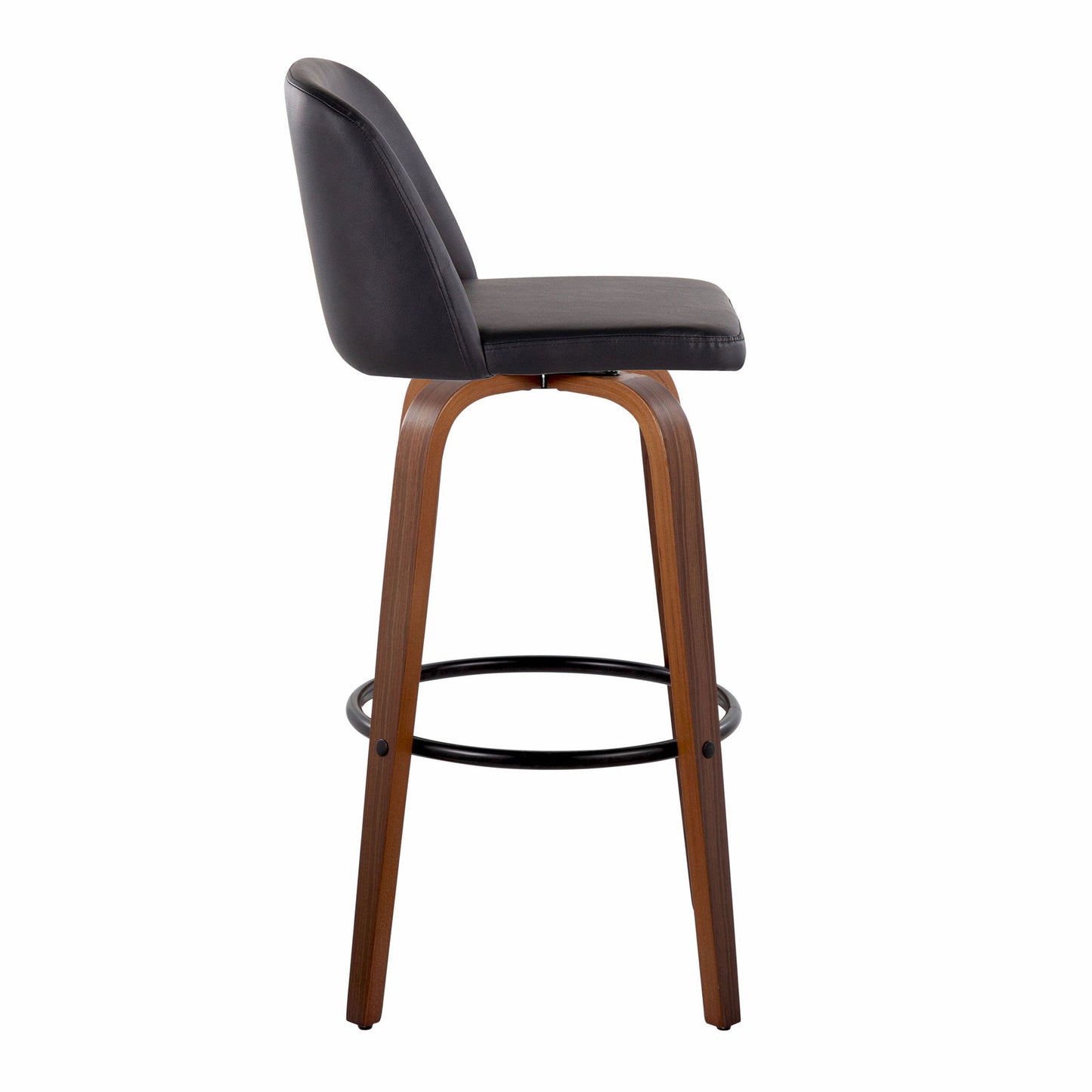 The Toriano Mid Century Modern Barstool features a curved black seat and backrest, four wooden legs, and a round black metal footrest. Shown in side profile on a white background. Set of 2; fixed height with swivel function.