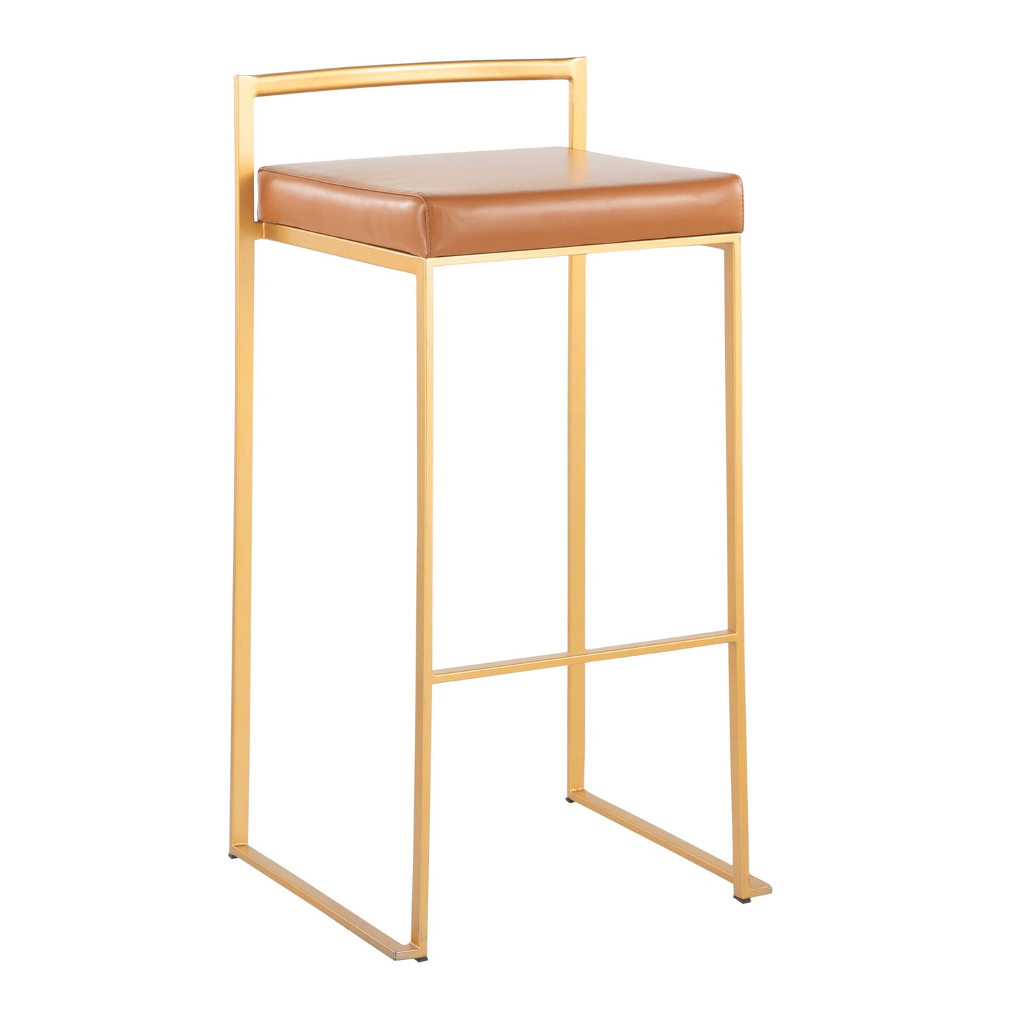 The Fuji barstool features a gold metal frame, square brown cushioned seat, and minimalistic backrest, offering contemporary glam style and quality construction.