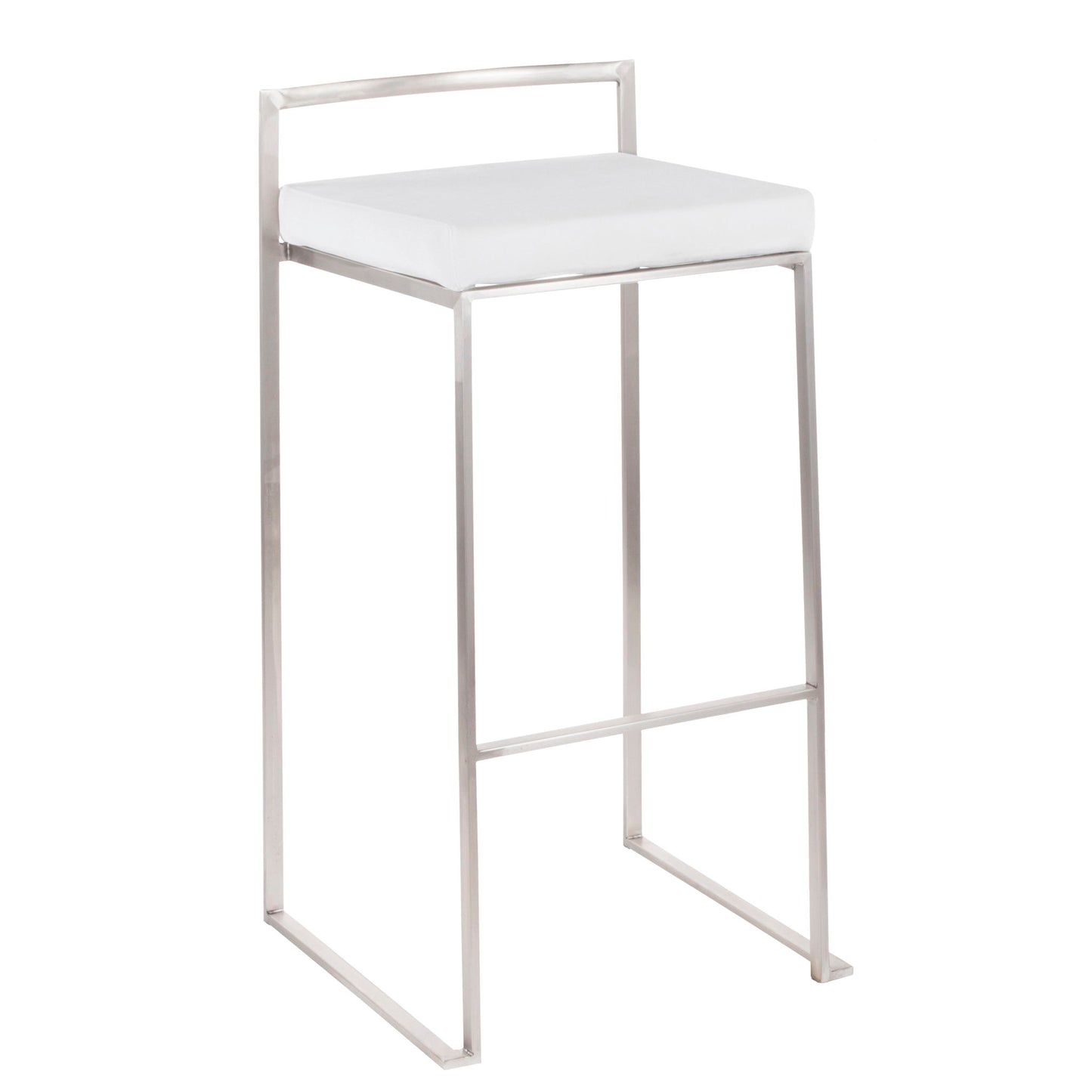 The Fuji barstool features a contemporary, elegant design with a slim silver metal frame, white cushioned seat, footrest bar, no armrests, and minimalistic open style. Stackable for easy storage.