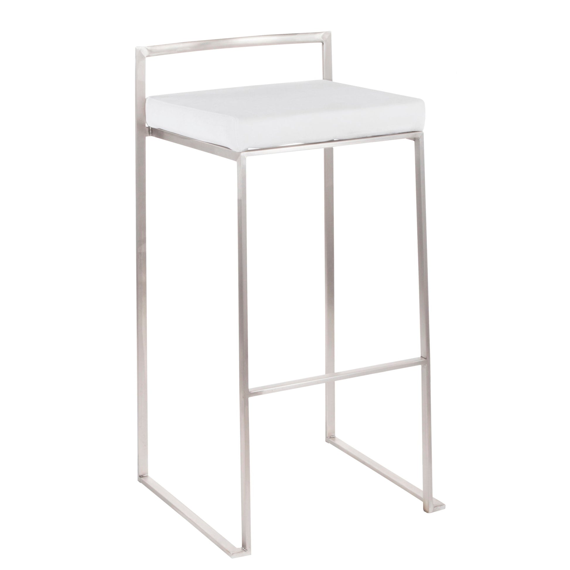 The Fuji barstool features a contemporary, elegant design with a slim silver metal frame, white cushioned seat, footrest bar, no armrests, and minimalistic open style. Stackable for easy storage.