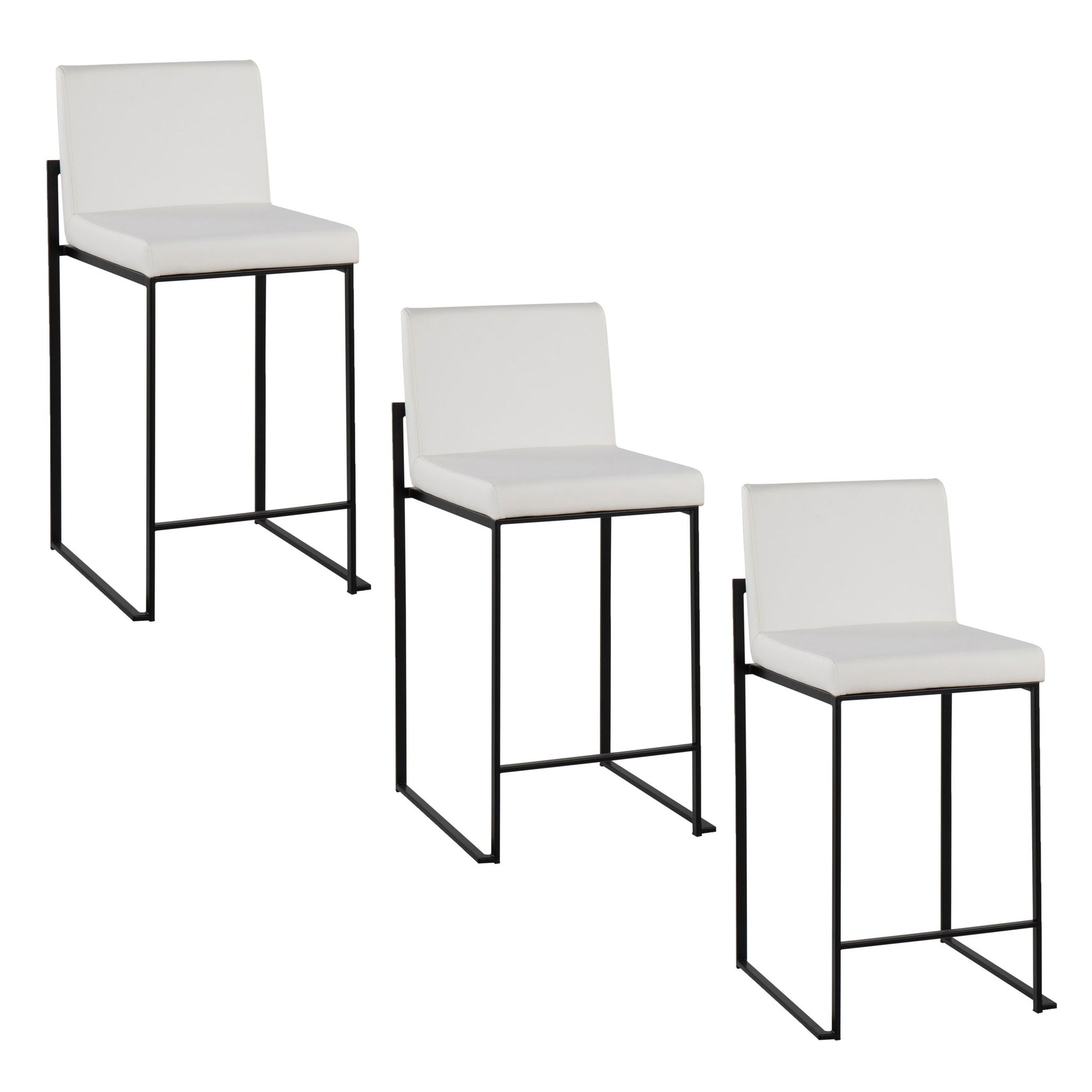 Three Fuji High Back Counter Stools, showcasing contemporary modern elegance with white cushioned seats and black metal frames, are arranged in a staggered layout on a white background.