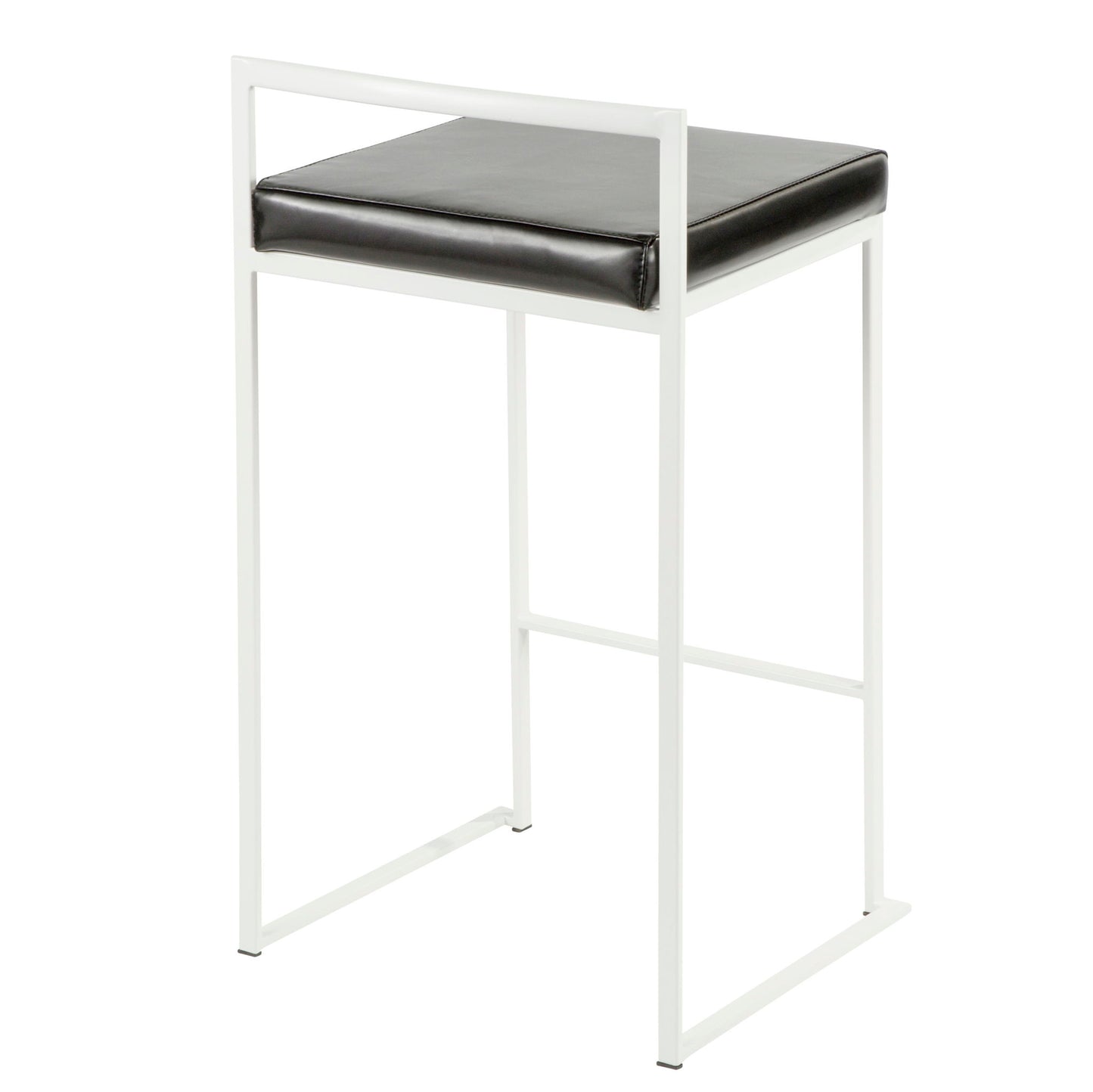 The Fuji - Simple Elegance, Contemporary Stackable Counter Stool features a minimalist design with a white metal frame and square black cushioned seat, straight lines, and no backrest or armrests.