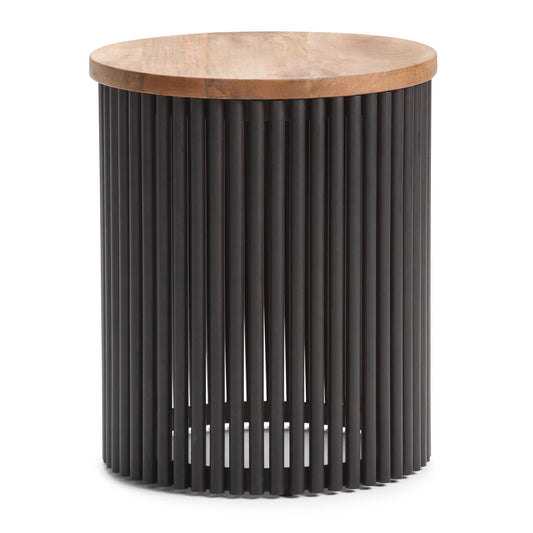 The Demy Accent Table in Natural/Black features a round wooden top and a cylindrical black metal base with vertical slats for an open, airy look.