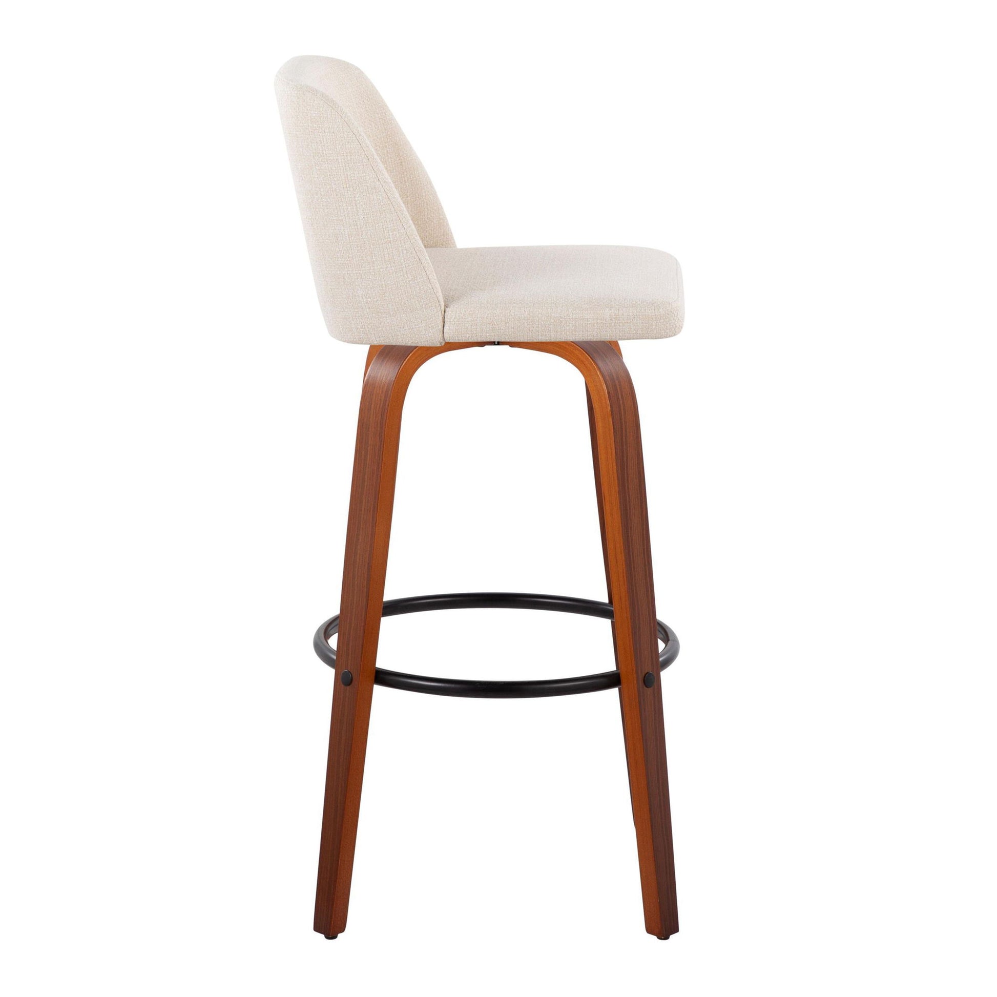 A side view of the Toriano Mid Century Modern barstool, featuring a beige upholstered seat and backrest, wooden legs, and a round black metal footrest. Set of 2 with fixed height and swivel function.