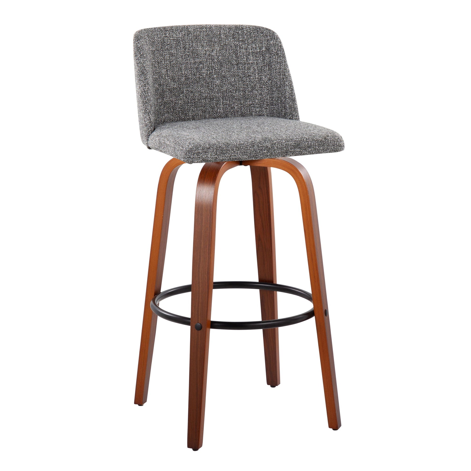 The Toriano Mid Century Modern Barstool set features a curved wood base, round black footrest, and padded gray fabric seat and backrest.