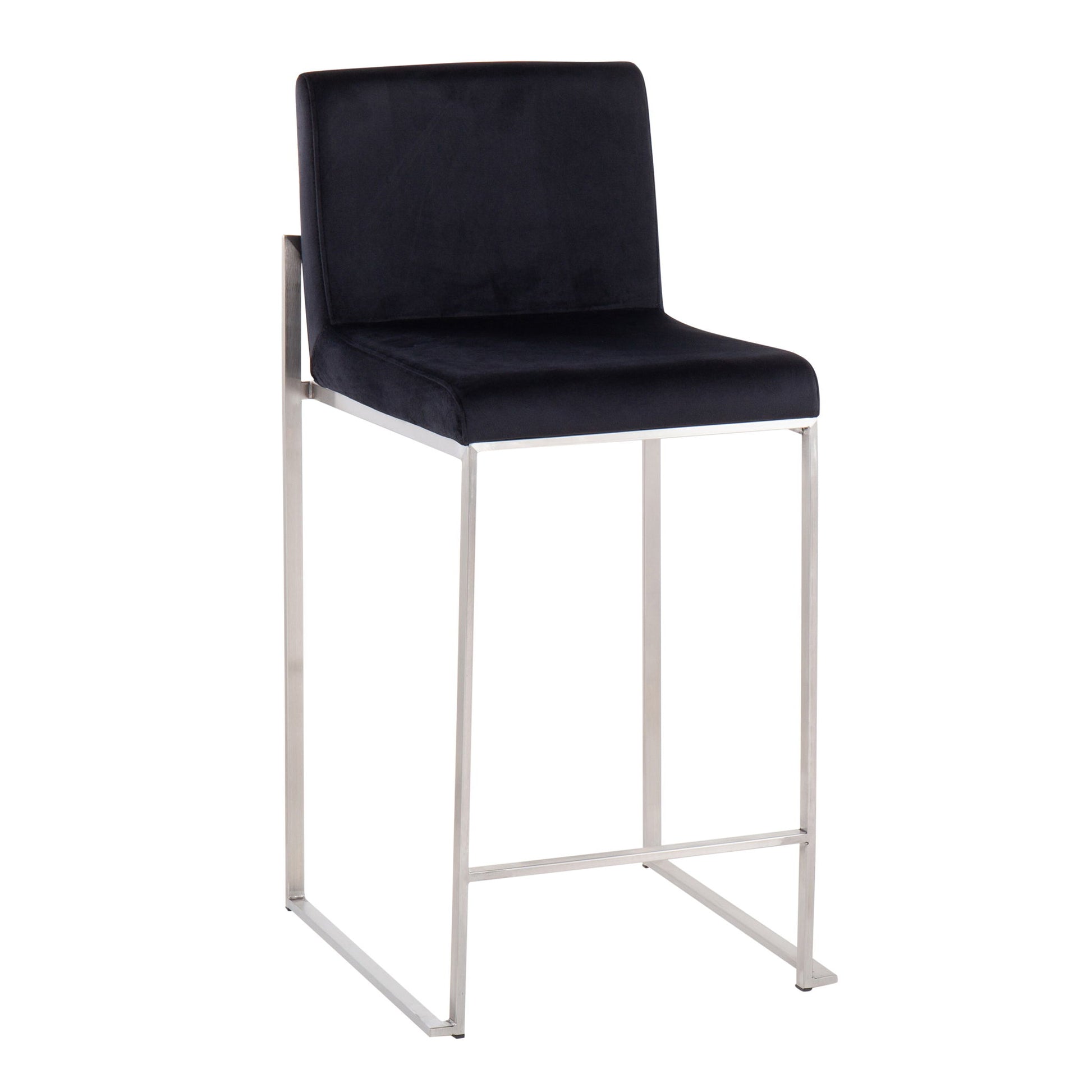 The Fuji Contemporary High Back Counter Stool features a black cushioned seat and backrest, a sleek silver-finished metal frame, minimalist design, and integrated footrest for functional comfort.