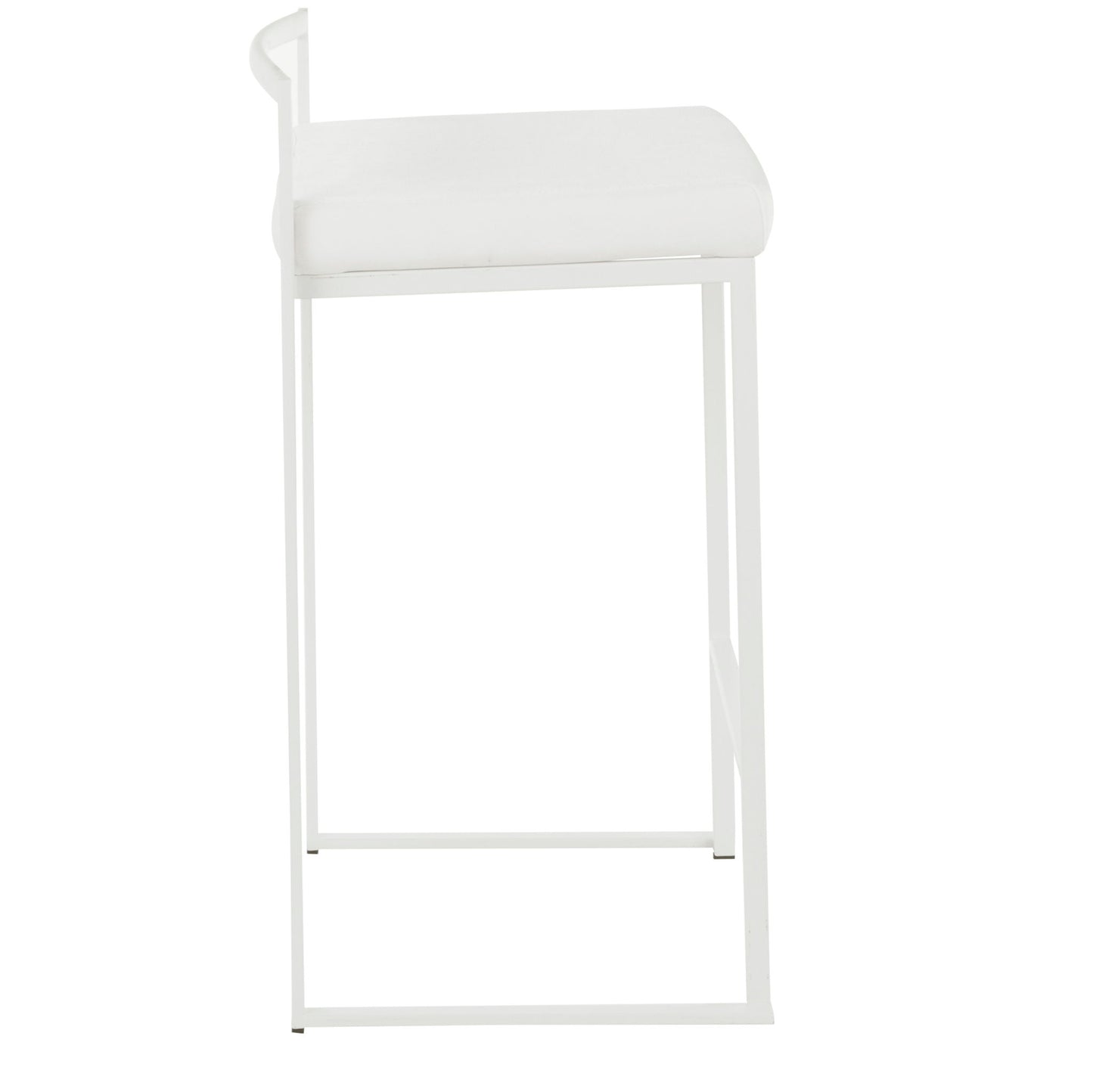 The Fuji - Simple Elegance, Contemporary Stackable Counter Stool features a modern white design with a minimalist metal frame and square cushioned seat, shown in profile against a white background.