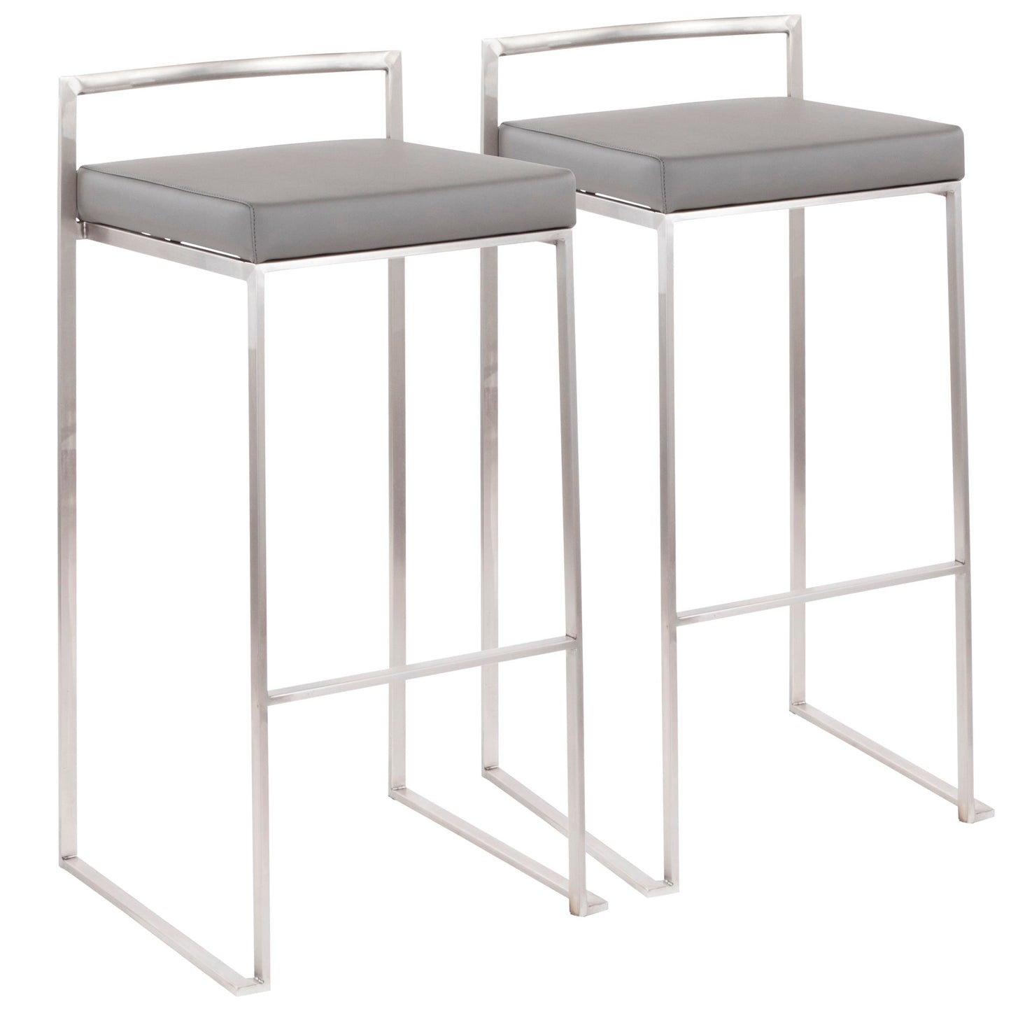 The Fuji Stackable Barstools feature a contemporary, elegant design with silver metal frames, rectangular grey cushioned seats, straight legs, and low open backrests for a minimalist look.