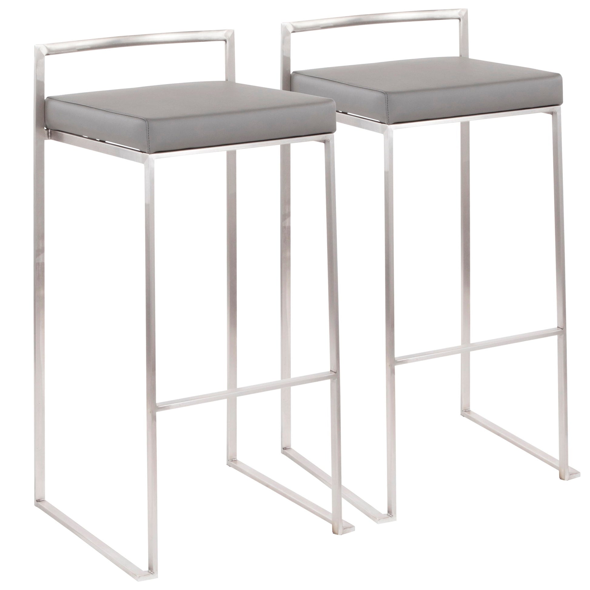 The Fuji Stackable Barstools feature a contemporary, elegant design with silver metal frames, rectangular grey cushioned seats, straight legs, and low open backrests for a minimalist look.